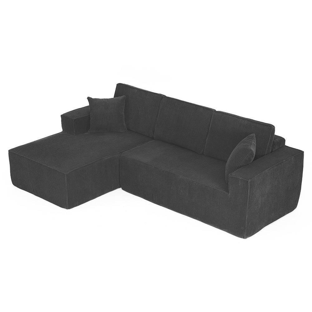 Canapé d'angle en L en velours côtelé compressé,2 places + coin chaise longue,noir,modulaire avec rembourrage en mousse haute densité - 4