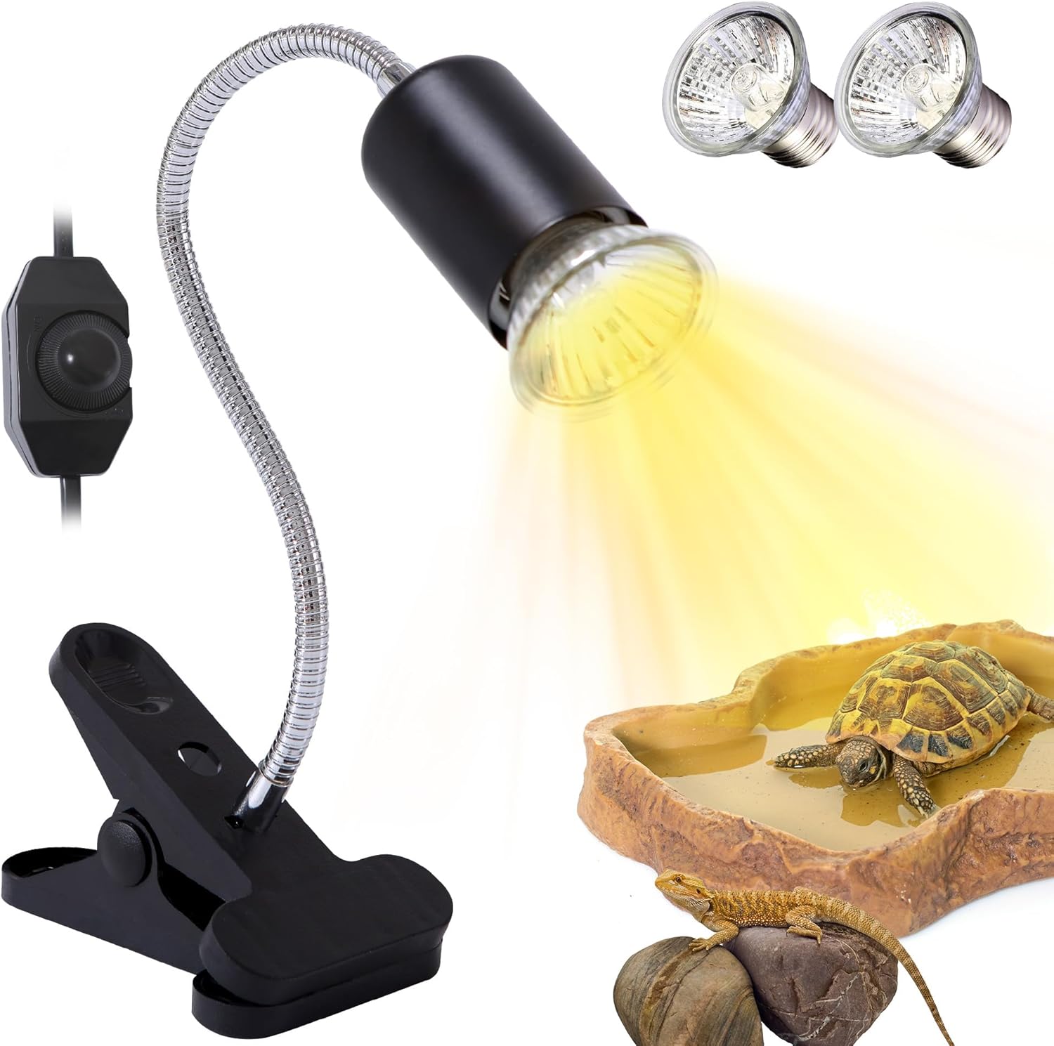 Lampa grzewcza Turtle, z regulacją temperatury, z 2 żarówkami halogenowymi UVA-UVB 50 W, dla gadów i płazów, czarna