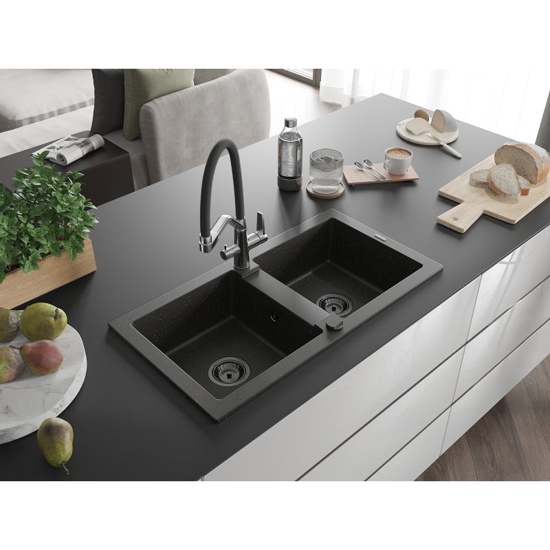 Évier de cuisine Évier encastré Évier en granit Mineralite 80 x 50 noir respekta