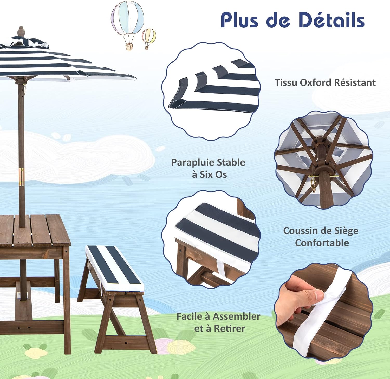 Mesa infantil de exterior, mesa de picnic infantil con sombrilla, mesa y banco de jardín, muebles de madera para 1-4 niños (azul) - 7
