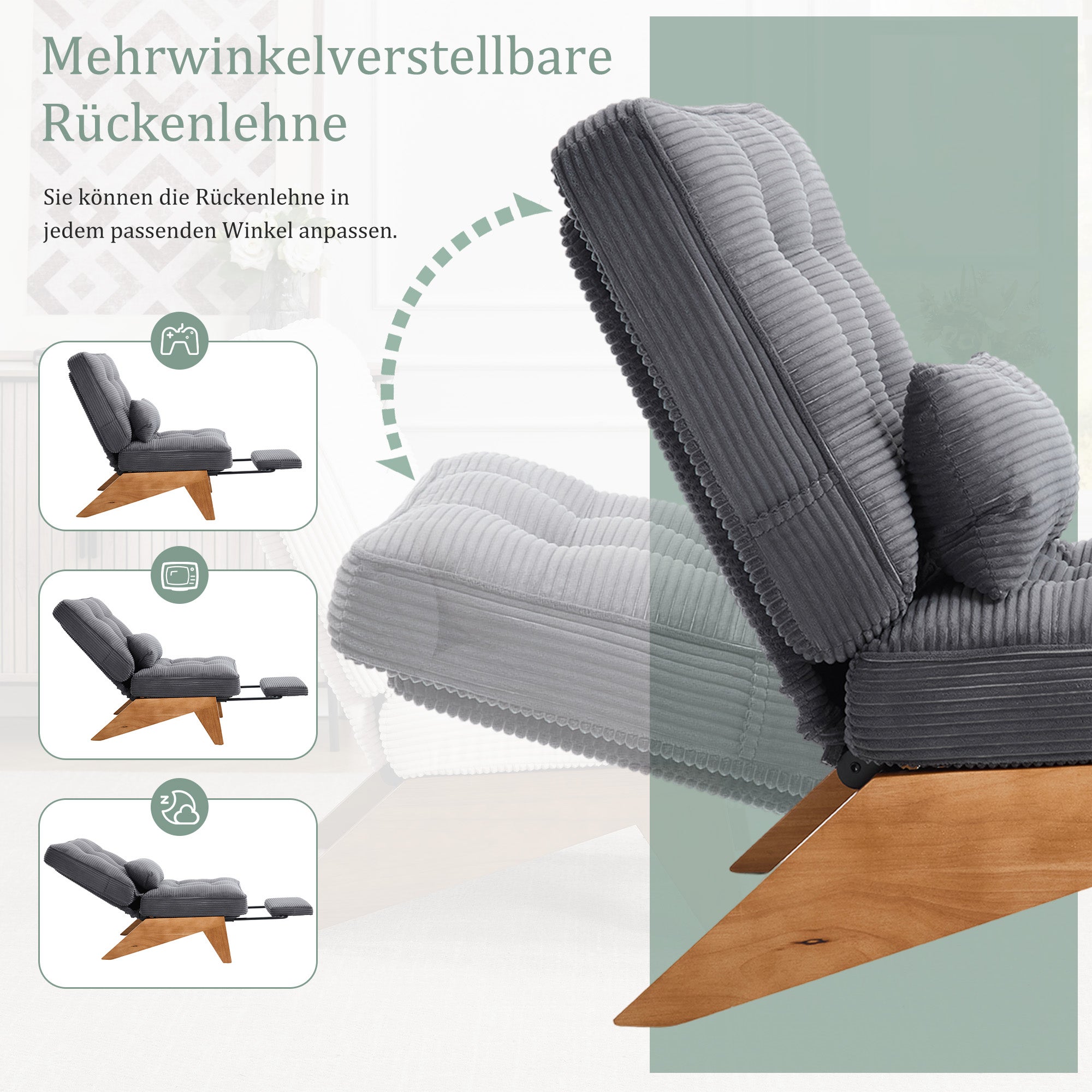 Fauteuil lounge moderne (sans dossier réglable, tissu) : repose-pieds, coussin lombaire, pieds en bois. Salon/chambre/bureau. - 4