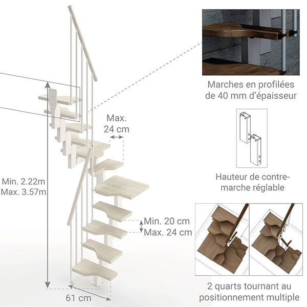 Escalier 2 quart tournant 12 marches - Hauteur à franchir de 2.61 à 3.09m - Largeur 61cm - Couleur bois et blanc - MINI61/U/SBMBLA-12 - 2
