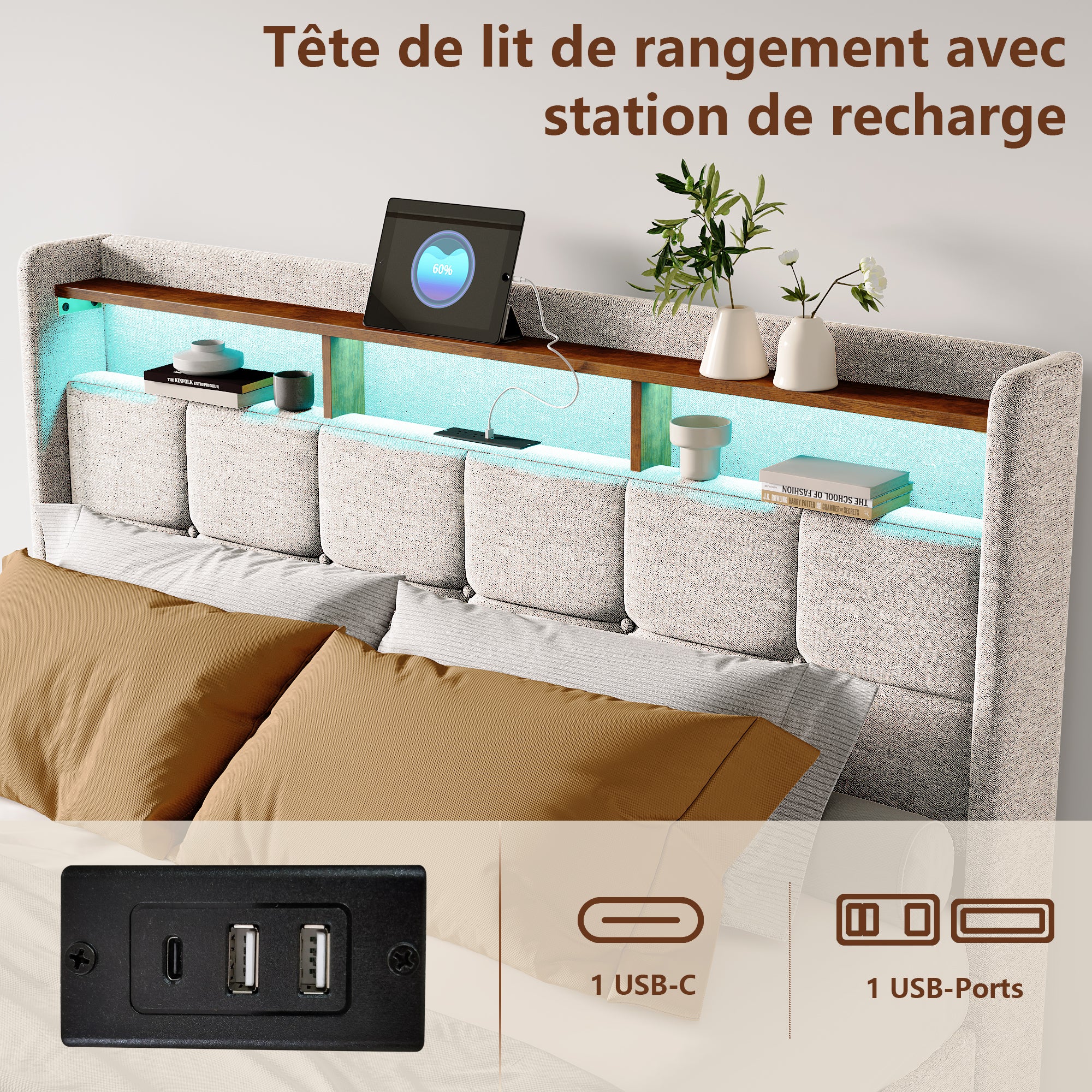 Lit 140x190 cm avec sommier éclairage LED et USB, 4 tiroirs et tête de lit de Rangement, Lin, Beige - 7