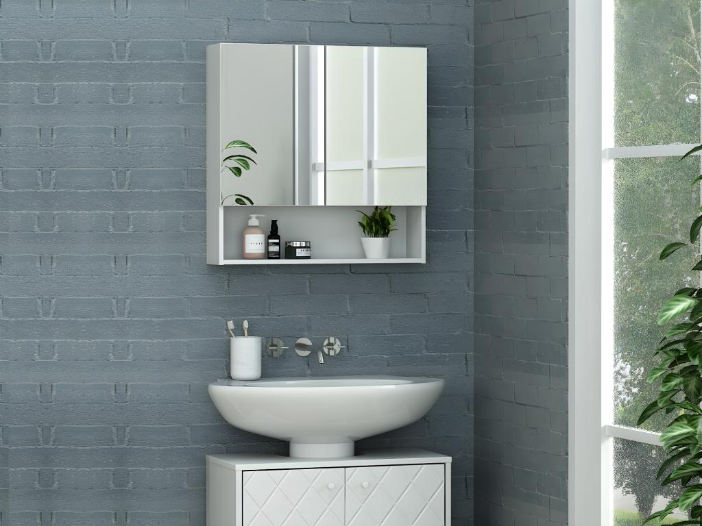Specchiera Bagno Con 3 Ante E Mensole - Armadietto 68x22x60 Cm, Bianco, Regolabile