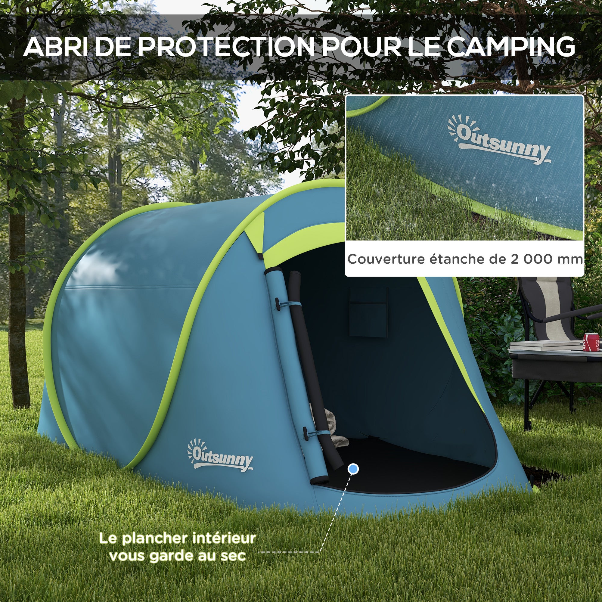 Tente de camping 2-3 personnes étanche 2000 mm avec sac de transport pour la randonnée 245x148x105 cm Bleu - 7