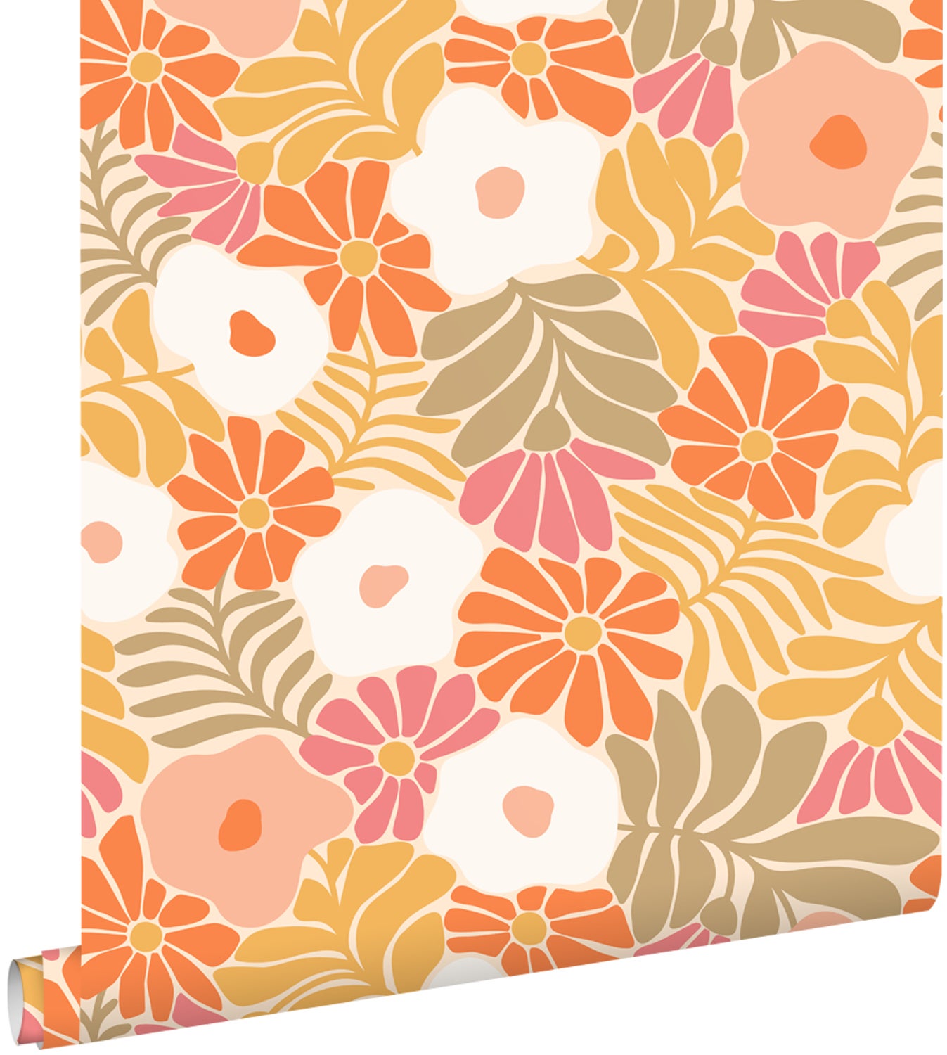 Tapeta kwiaty w stylu Matissa pomarańczowymIżółtym - 53 cm x 10.05 m - ESTAHOME