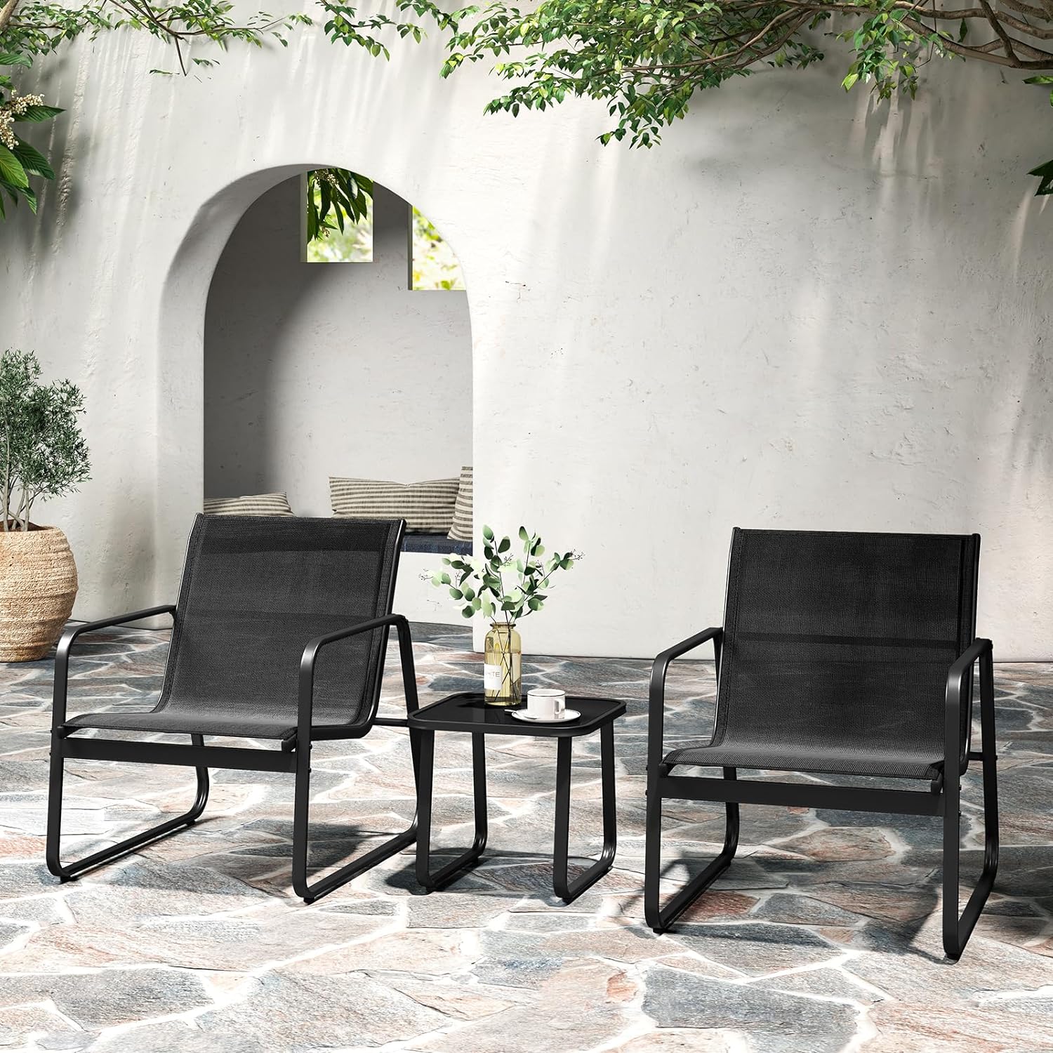 3Pcs Salon de Jardin 3 Personnes, Ensemble de 2 Chaises et de Table Basse en Verre Trempé, Salon de Bistrot avec Cadre Métallique - 5