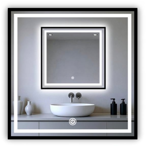 Lustro Led 100X100 W Czarnej Ramie Aluminum Cob 608 Diod 3 Barwy + Włącznik