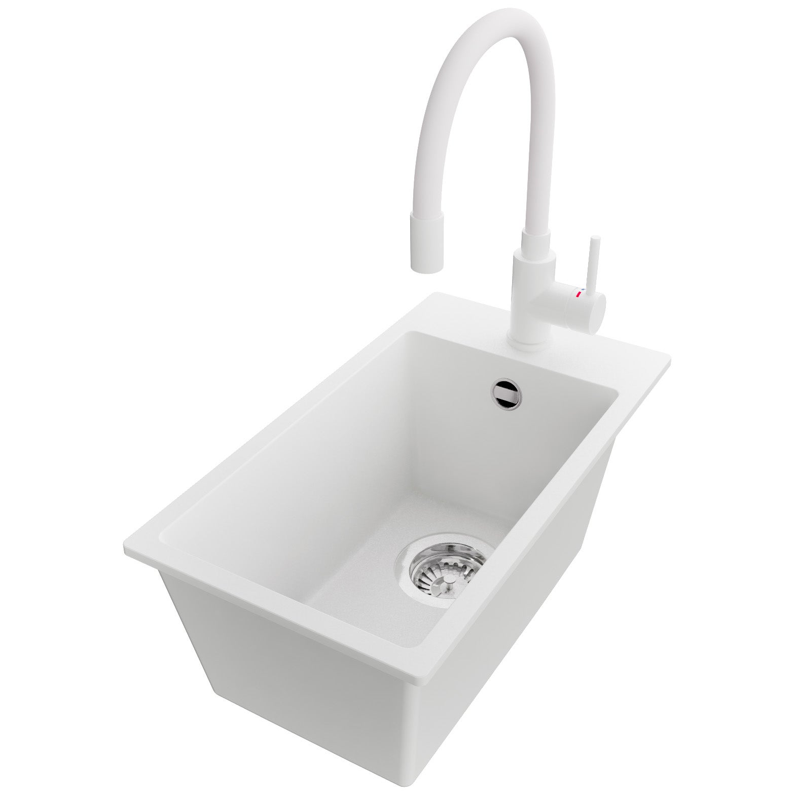 Zlewozmywak Granitowy Biały 28x50cm, Zlew Kuchenny 1 Komorowy + Bateria 38x14cm + Syfon, Nablatowy do szafki od 30cm - Ryga PRIMAGRAN