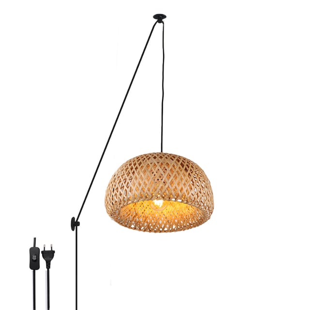 Lámpara Colgante de Mimbre con Cable Enchufe e Interruptor E27 Estilo Rústico para Cocina, Sala, Dormitorio y Comedor