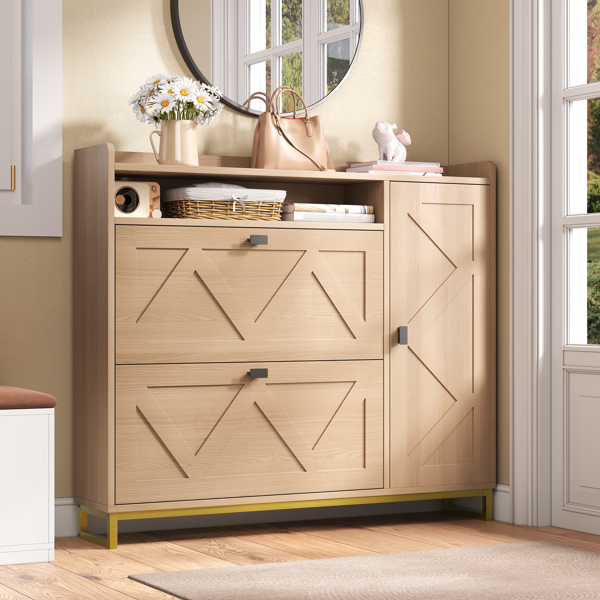 Armoire à Chaussures d'Entrée avec Double Rabat, Armoire Latérale & Portes Géométriques Gaufrées, Cadre Métallique - 6
