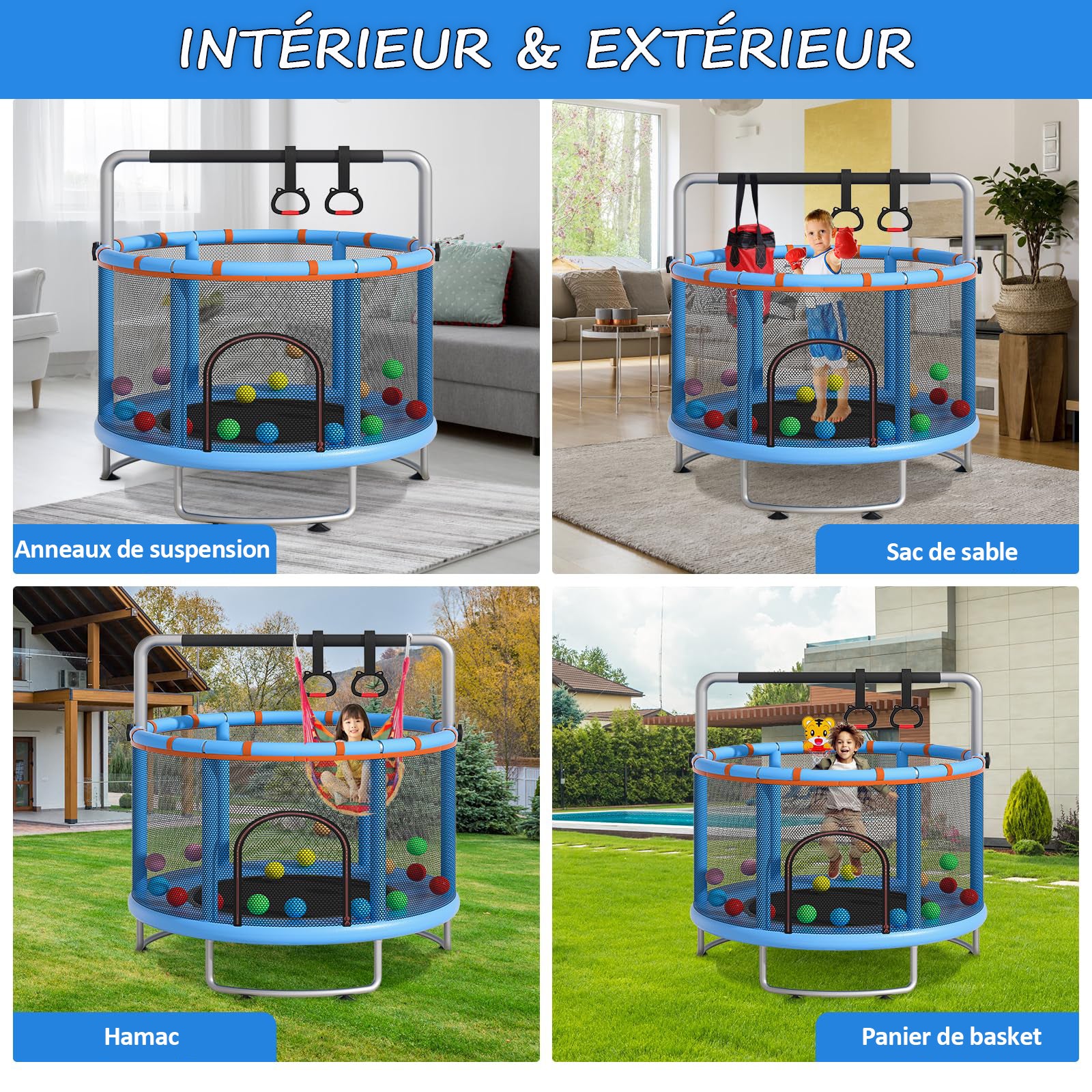 Trampolim Multifuncional Ø150 cm com Cesto de Basquetebol, Barra Circular, Argolas Suspensas, Rede de Descanso, Carga 150 kg - 4