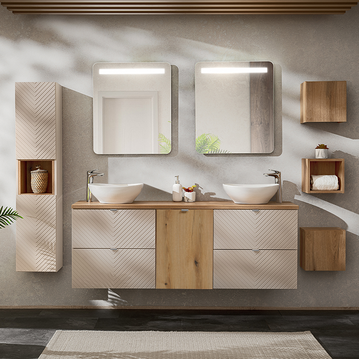 Conjunto de muebles doble lavabo 160cm columna y armarios de