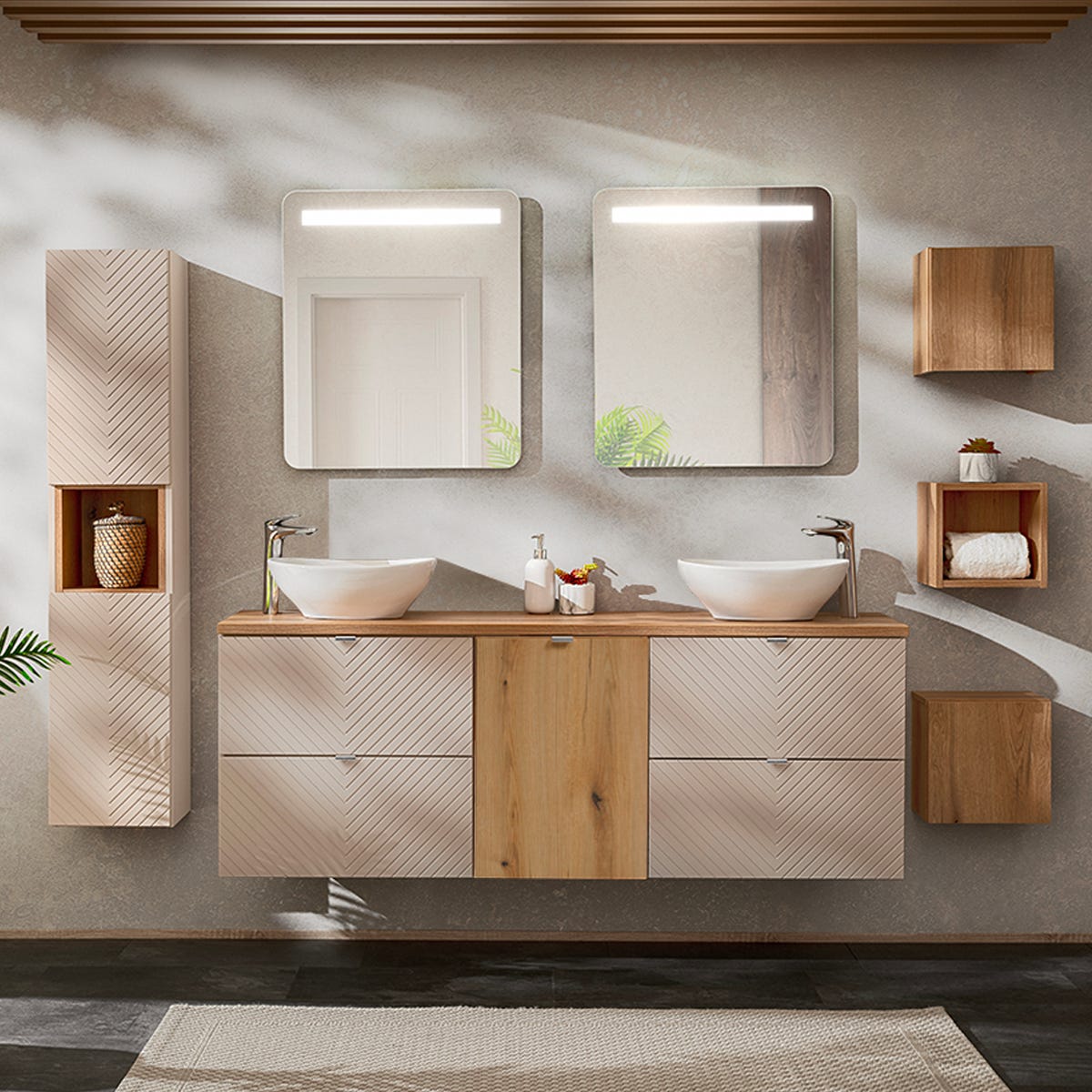 Conjunto de muebles doble lavabo 160cm columna y armarios de