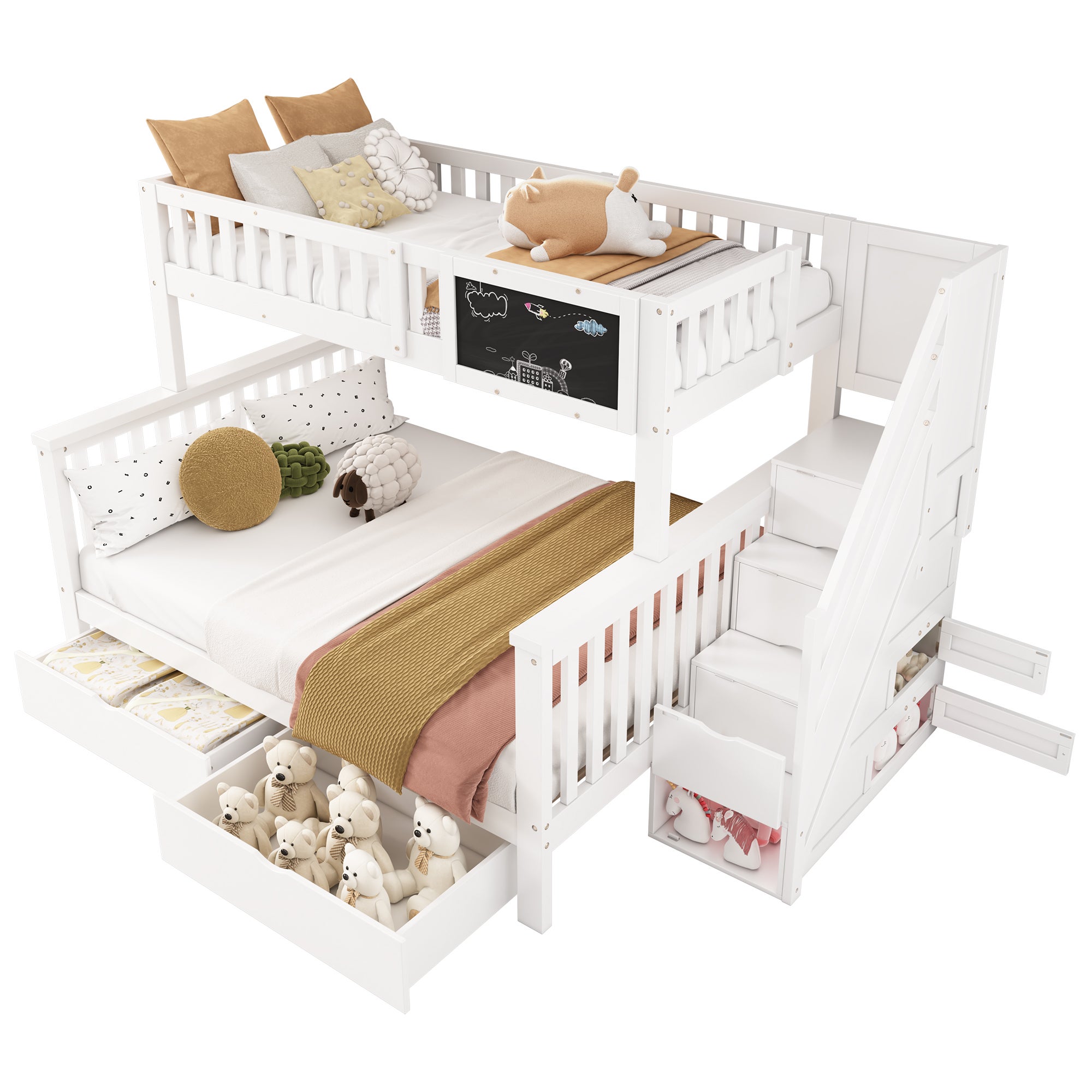 Lit superposé en pin massif avec tiroirs et escalier de rangement - 90x200cm + 140x200cm - Blanc - 8