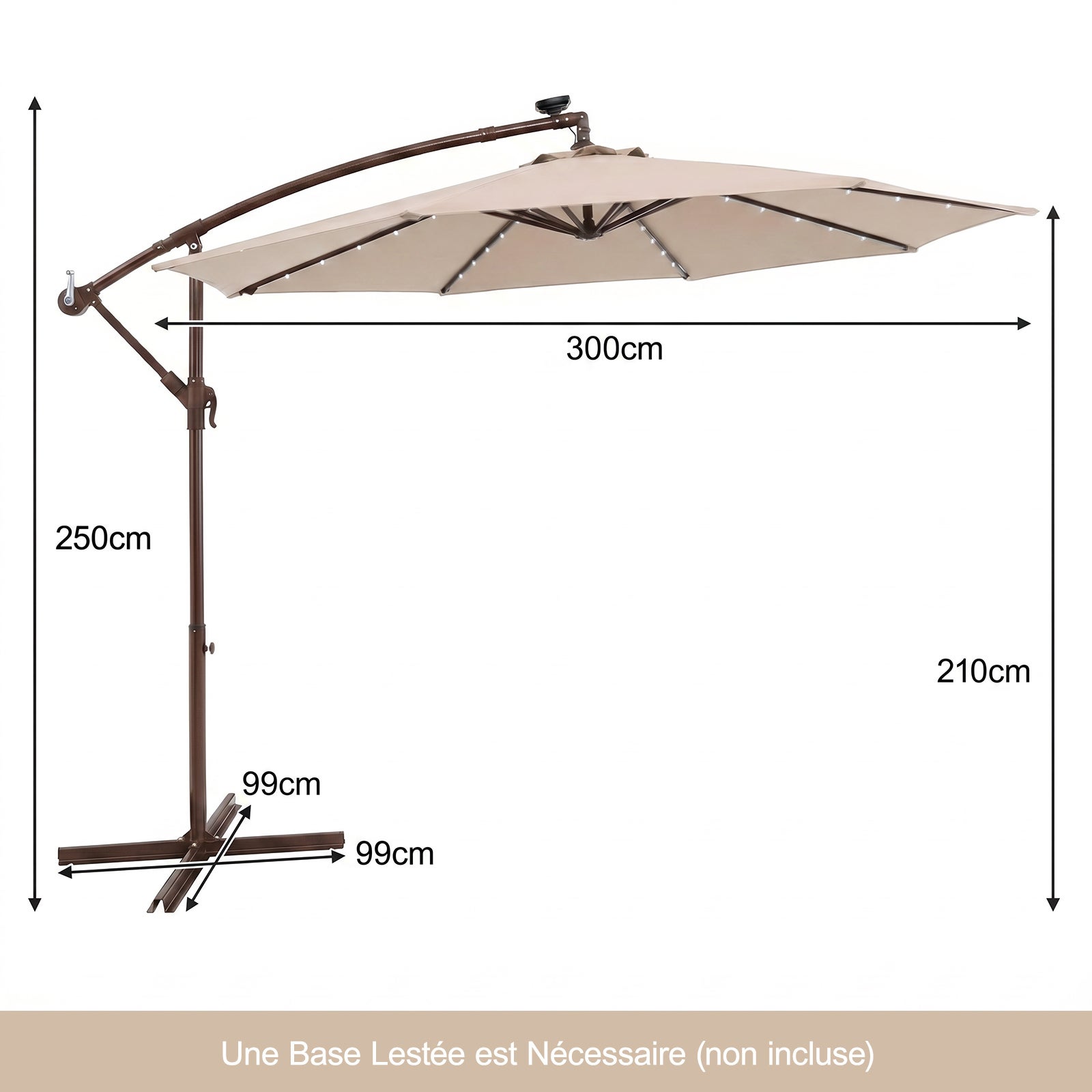 Parasol Déporté 3M Hexagonale, avec 40 LED Solaire, Inclinable, 8 Baleines en Métal, Base Croisée, Parasol à Manivelle, Beige - 3