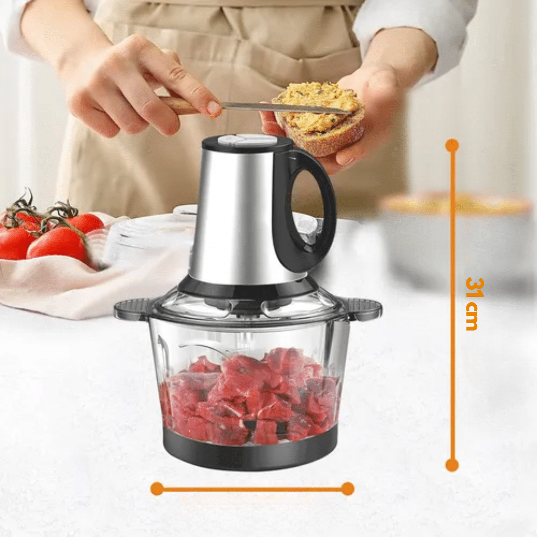 Picadora de 4 hojas en acero inoxidable 3 Litros 800w / bol Vidrio + bol acero inoxidable / Cabezal de Acero Inoxidable / 2 Velocidades - 6