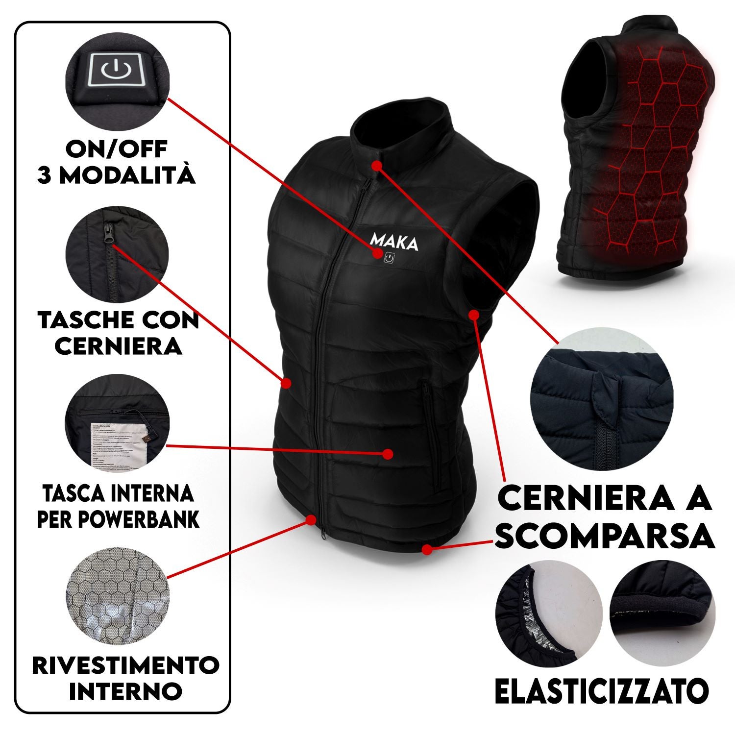 Gilet riscaldante serpentina eletrtrica usb giacca bomber lavoro multitasca unisex bomber giacca riscaldata antifreddo Nero Taglia L - 3