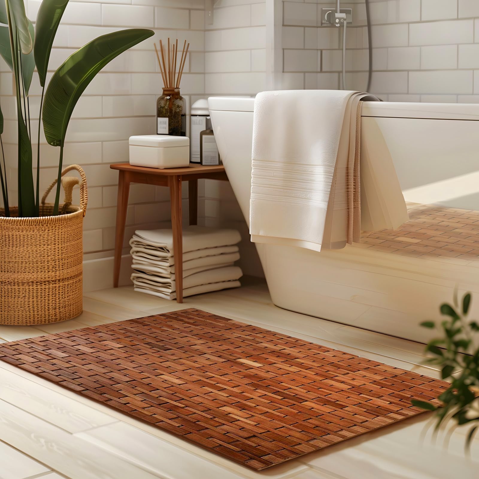 Tapis De Bain Bambou 60x60cm - Naturel, Antidérapant, Imperméable - Pour Salle De Bain/Douche - Design Lattes