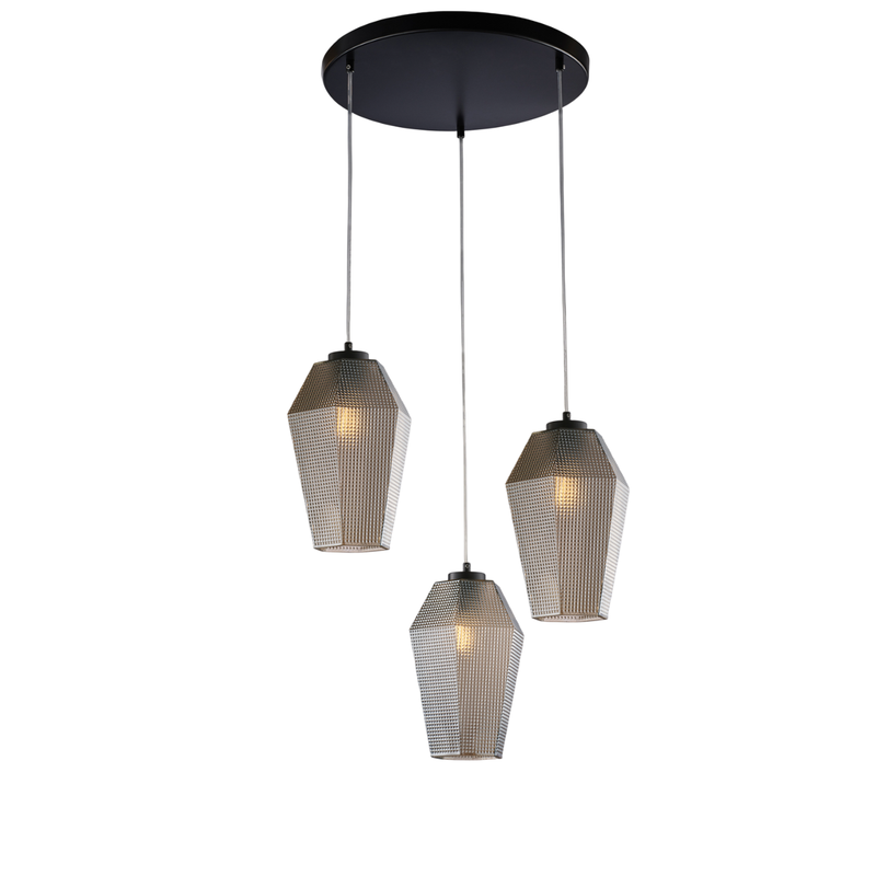 Lampa wisząca Prisma z czarnego lakierowanego żelaza, regulowane kable, klosze z lustrzanego szarego szkła dmuchanego z tłoczonym wzorem, 3 światła
