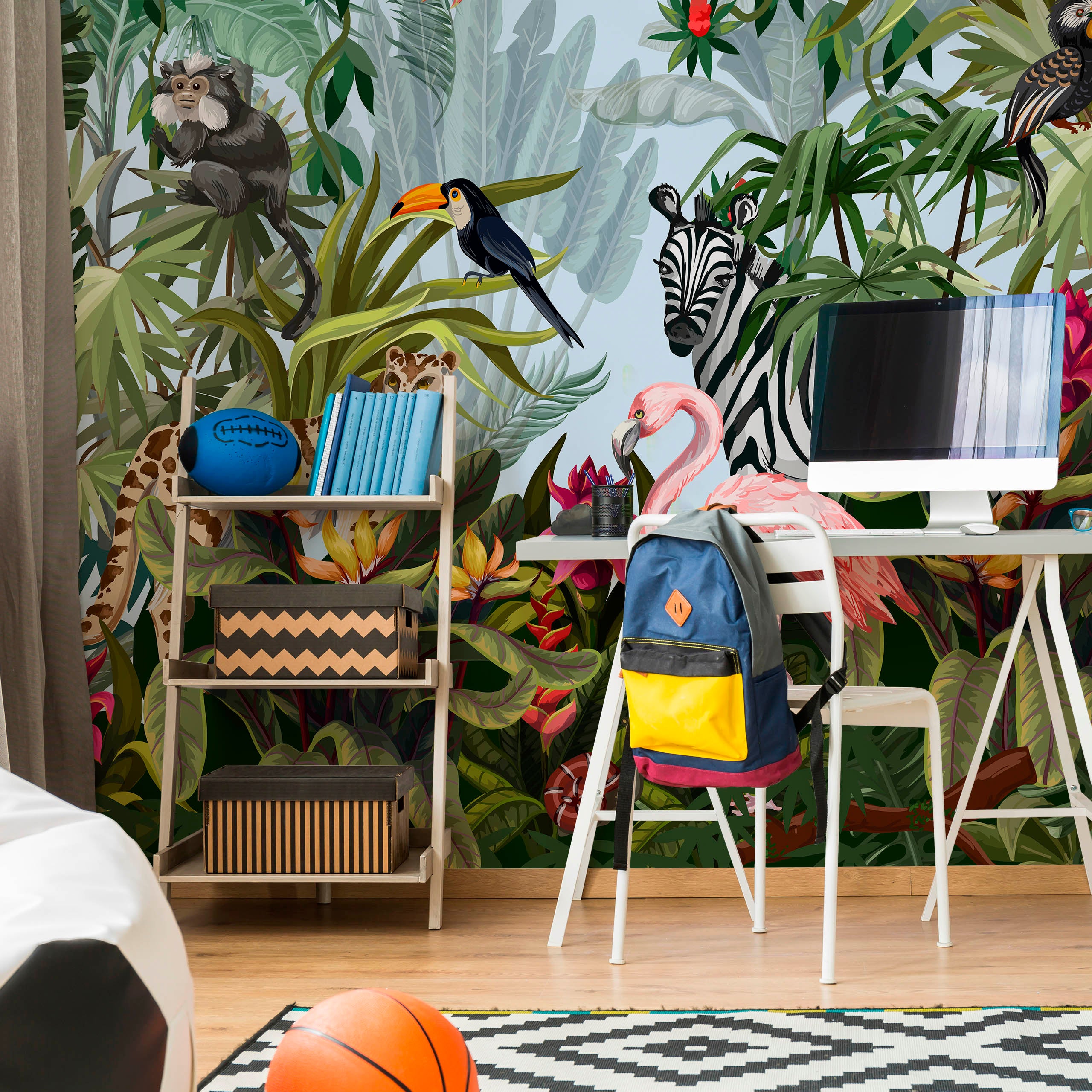 Papier Peint Panoramique Intissé ANIMAUX SAUVAGES Plantes Tropicales Fleurs Feuilles 180 cm x 120 cm - Colle Inclus - Pour Chambre Enfants - 3