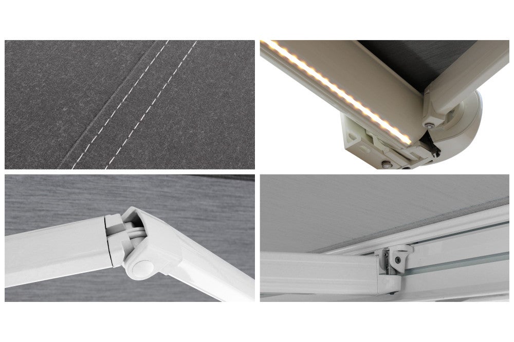 Store banne Coffre intégral PROTECT 2 LED Blanc 5x3,5m Motorisé à télécommande + Eclairage LED - Toile Grise Anthracite - 5