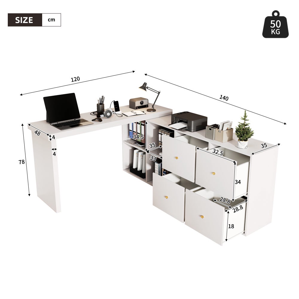Bureau d’angle 360° pivotant en MDF robuste 4 cm avec 4 tiroirs et 4 compartiments – modulable en L ou droit, espace rangement optimisé - 4