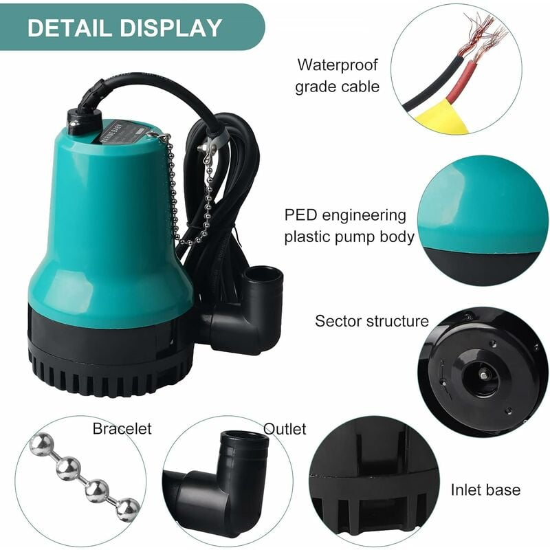 Zatapialna pompa próżniowa do piwnic, 24 V DC, 50 W, 4500 l/h, do basenów, piwnic i stawów, z uchwytem kablowym 2,5 m.