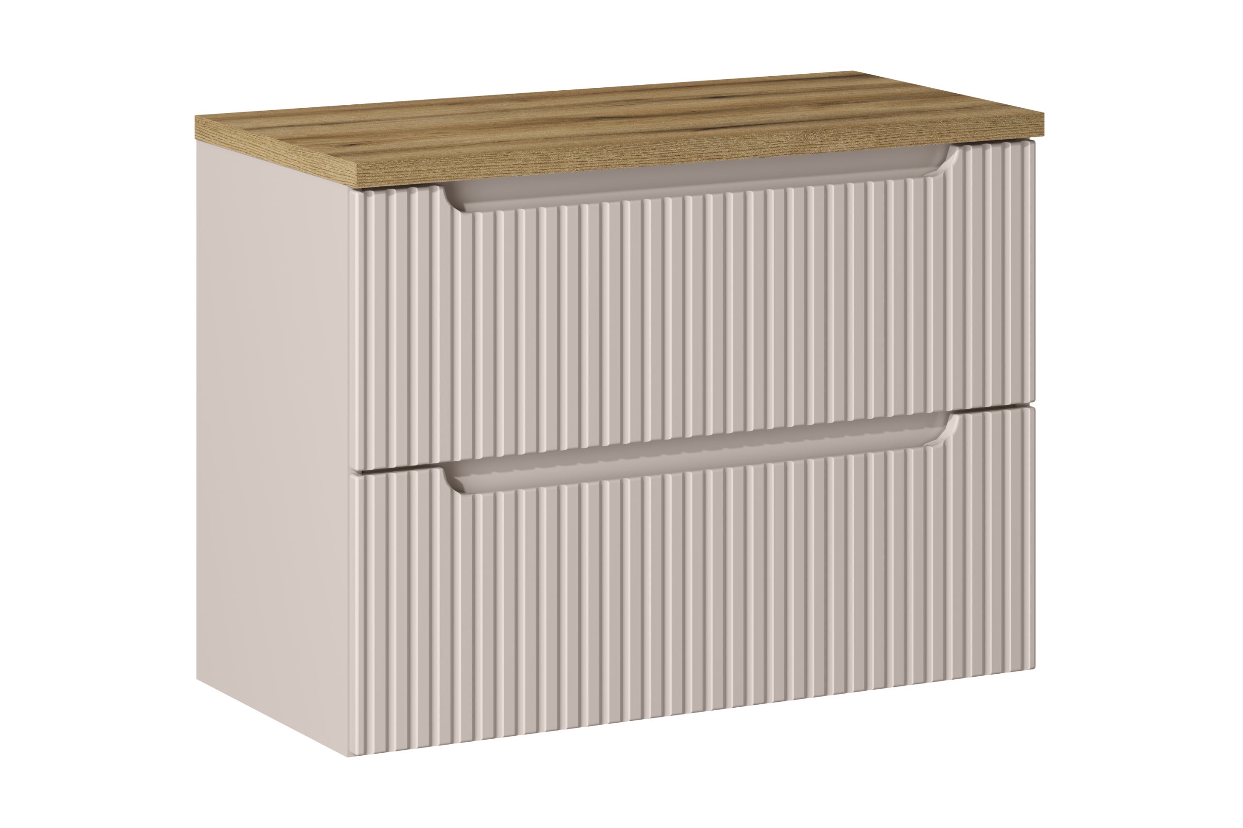 Szafka łazienkowa NOVA 80 cm kaszmir z blatem dąb coast evoke wisząca ryflowane fronty 2 szuflady