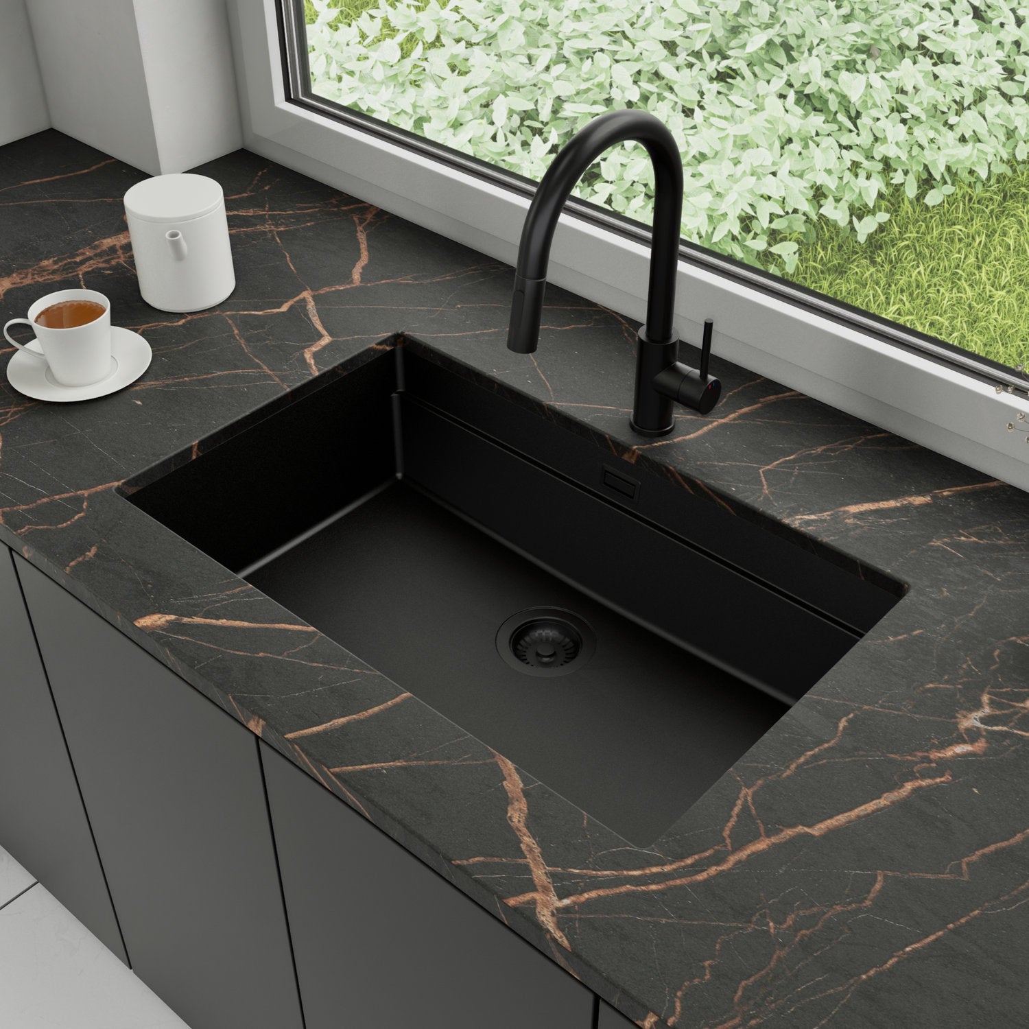 Zlewozmywak podblatowy 76x47cm, do szafki od 80cm + Bateria + Syfon - Coral Cały Czarny STONESTYLE