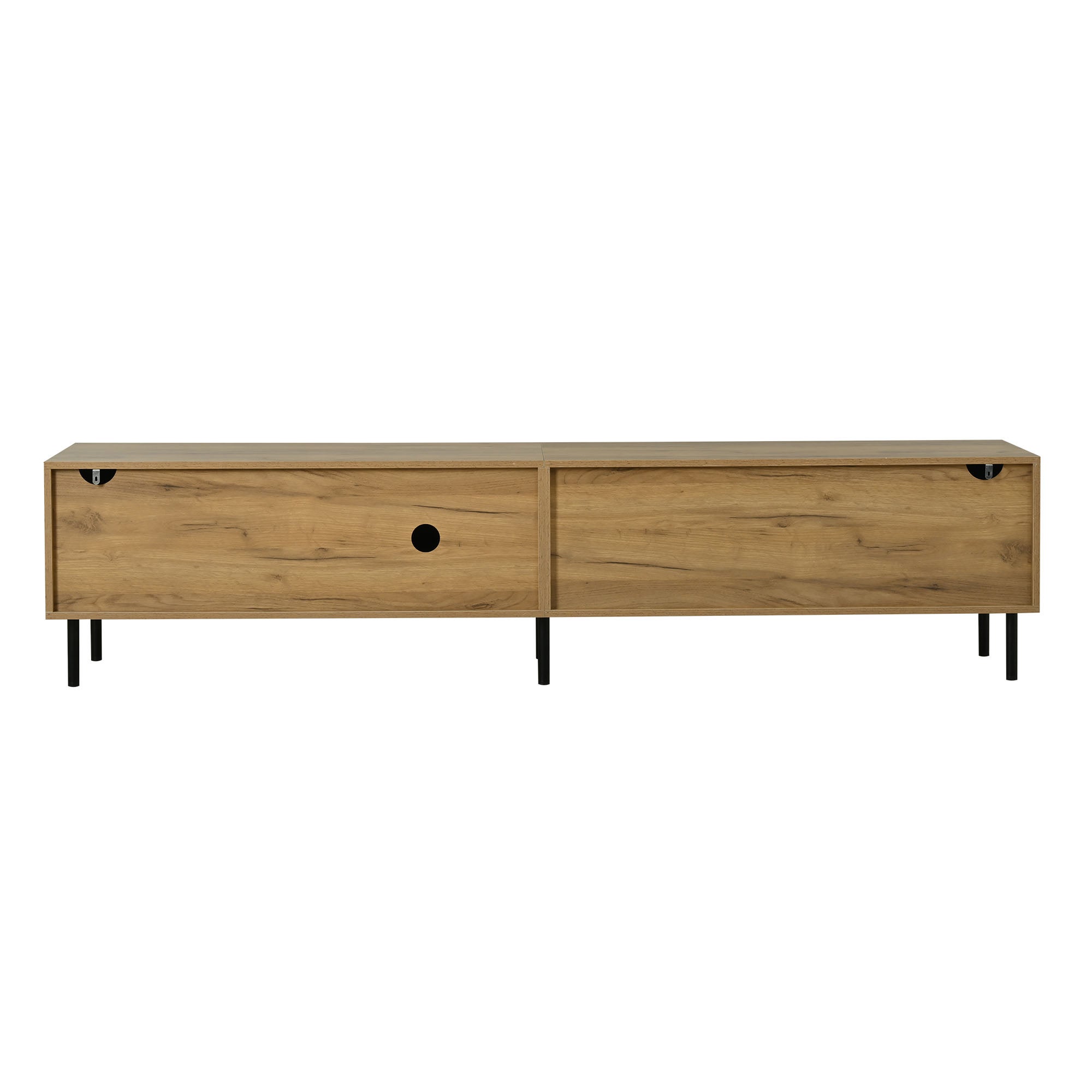 Stolik pod TV z 3 drzwiami i 2 szufladami - 208 x 40 x 48 cm - Płyta wiórowa i metalowe nogi - Kolor czarny z efektem drewna - 8