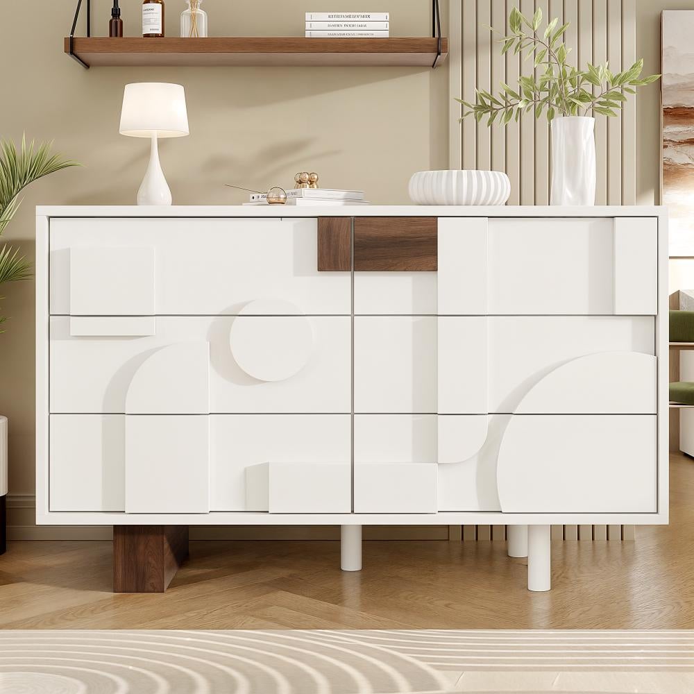 Nowoczesny biały kredens z 6 otwieranymi szufladami, geometrycznymi drzwiami bez uchwytów, nogami z litego drewna - 120×40×75 cm