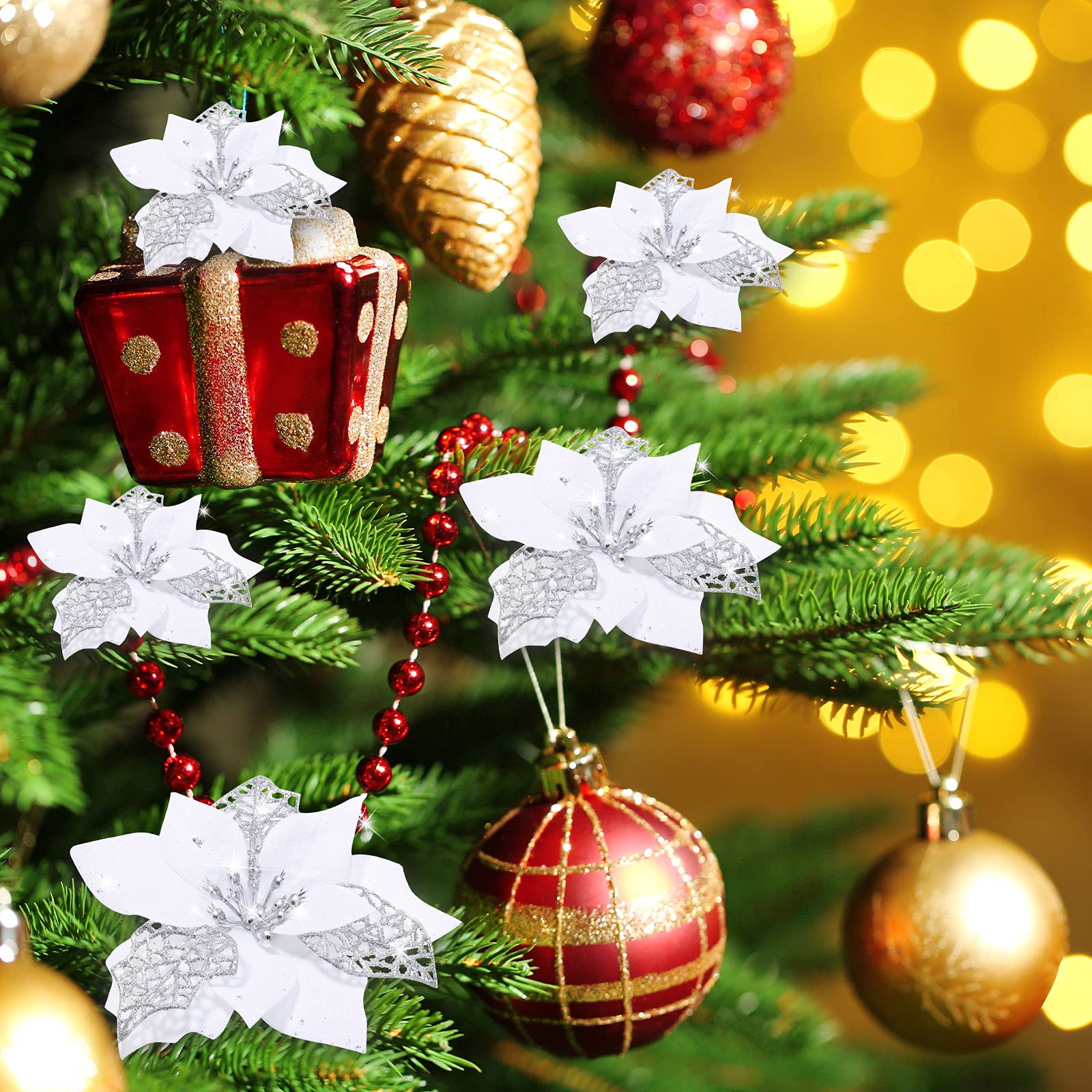 Lot de 50 décorations de Noël, fleurs artificielles scintillantes avec clips, décorations pour sapin de Noël, pendentifs de fleurs artificielles - 6