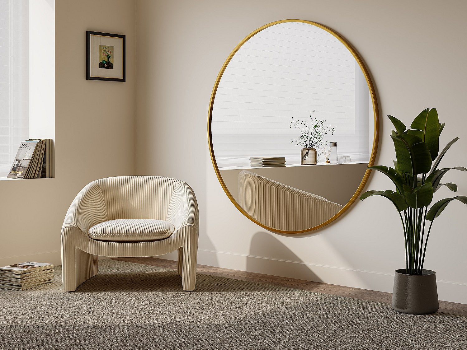 Lustro okrągłe ścienne dużych rozmiarów z metalu - śr. 150 cm - Złoty - RONDIA