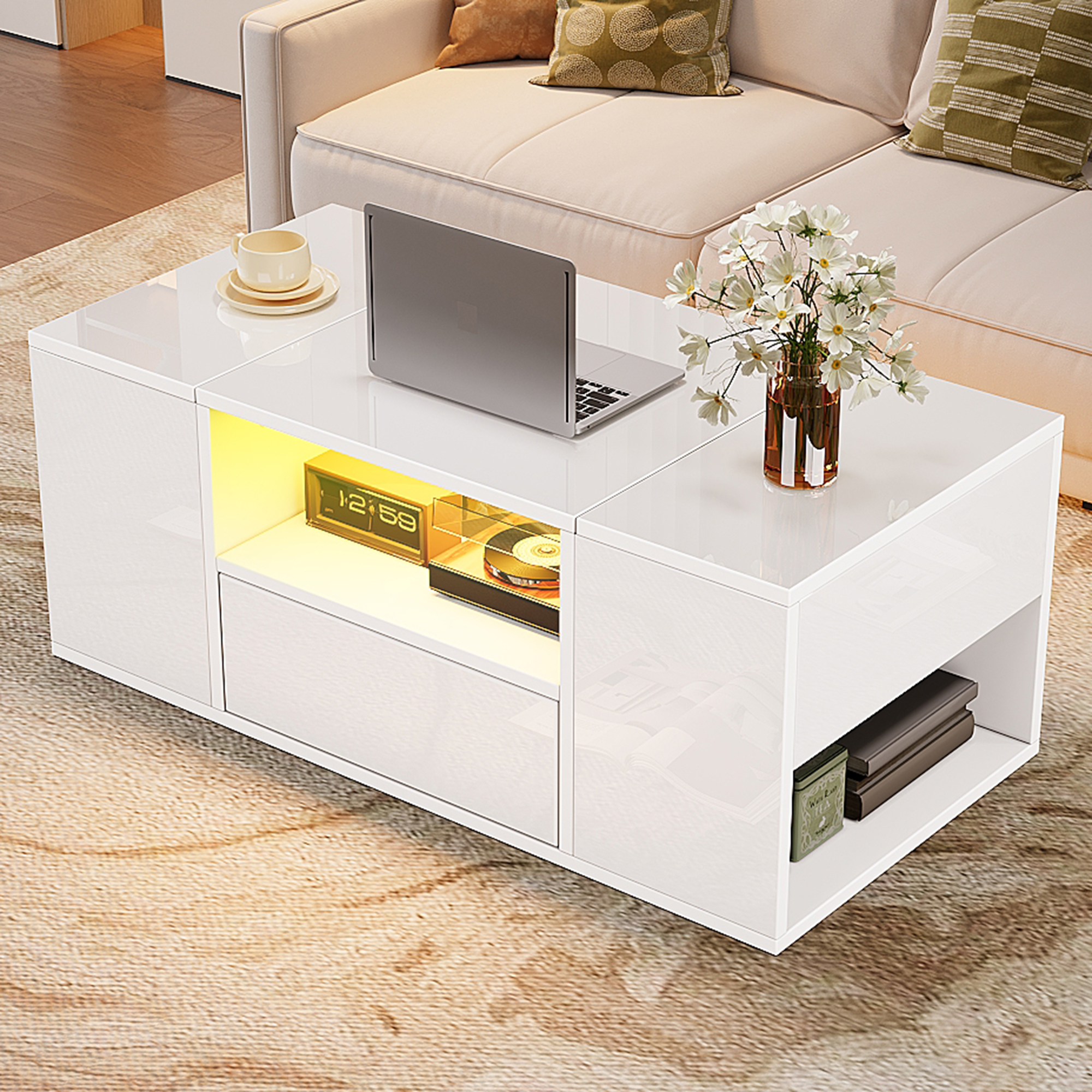 Table basse brillante avec LED, 1 tiroir, 2 armoires, rangements, en panneaux particules, blanc - 9
