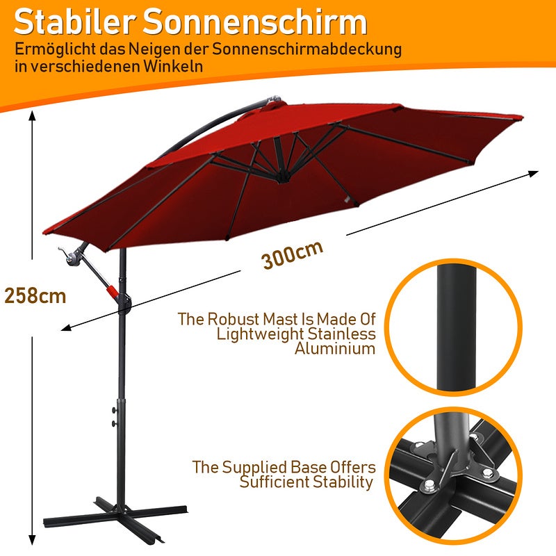 Parapluie 3m Parasol alu pivotant Parasol jardin terrasse balcon rouge - 2