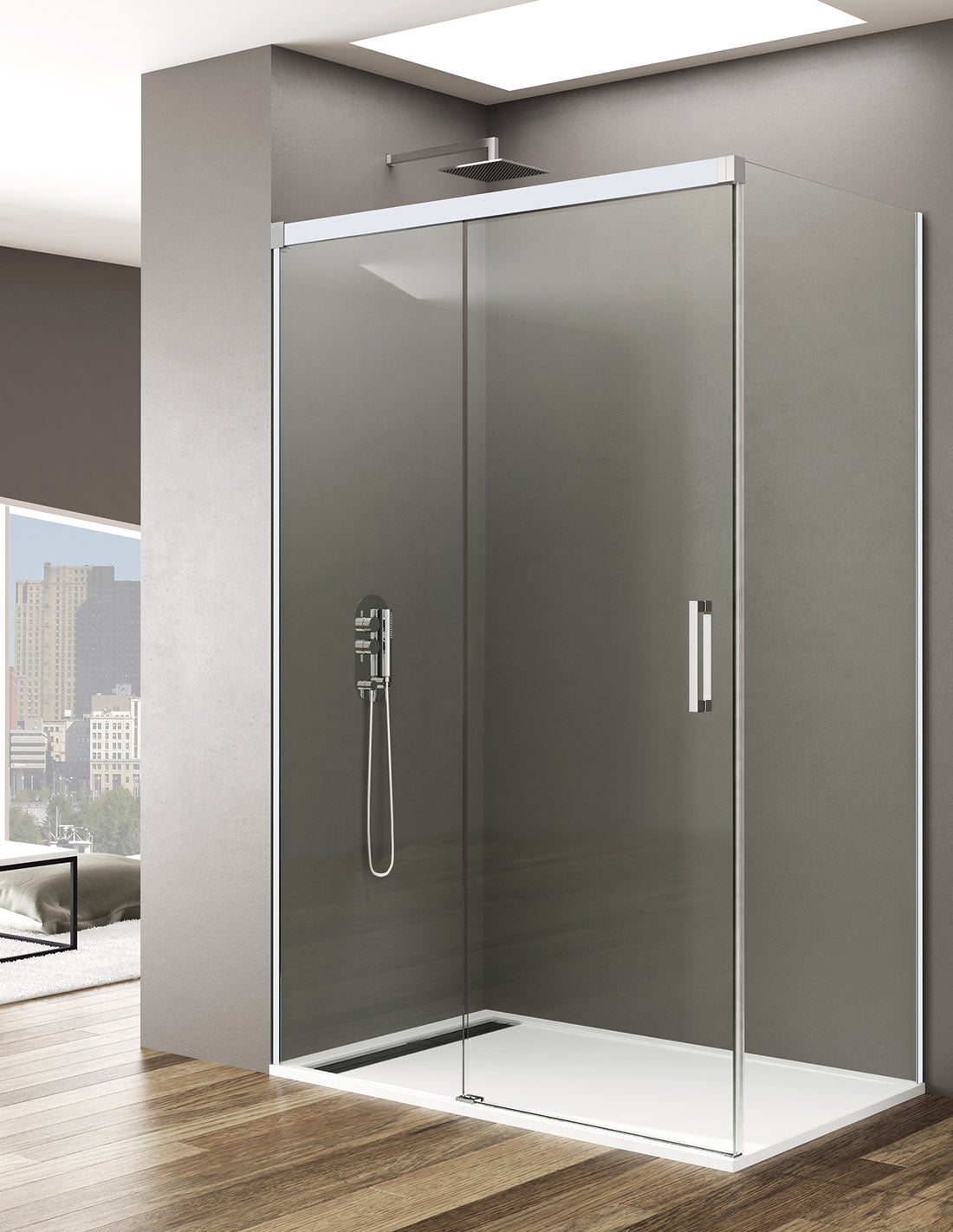 Mampara de ducha angular allstone basic 1+1 con lateral fijo, sin perfil inferior. 100x80 cm cristal transparente perfil blanco