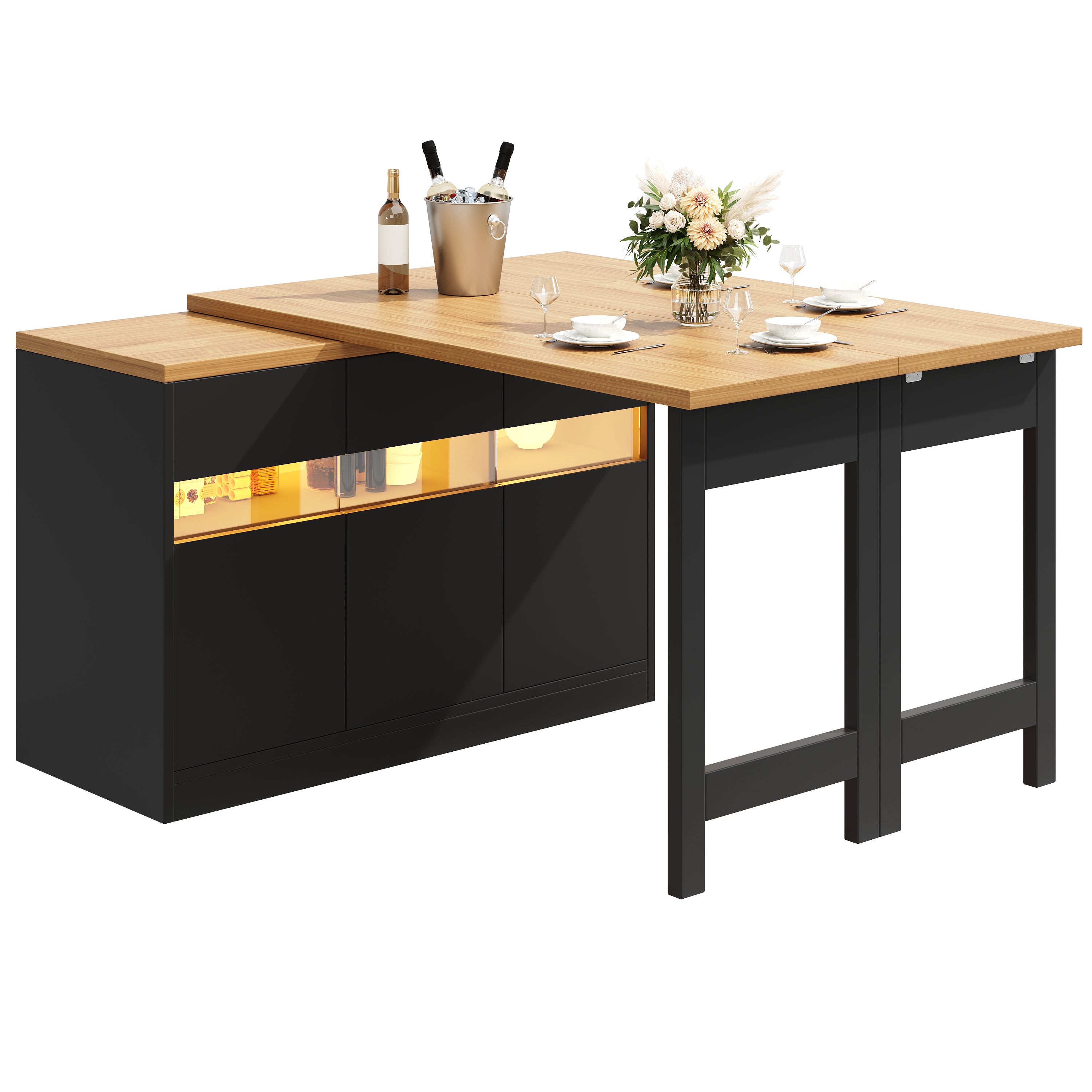 Rozkładany stół jadalny z 3 drzwiami, wyspa kuchenna - 120-180 x 40 x 71,5 cm - diody LED - czarny + naturalny - 9