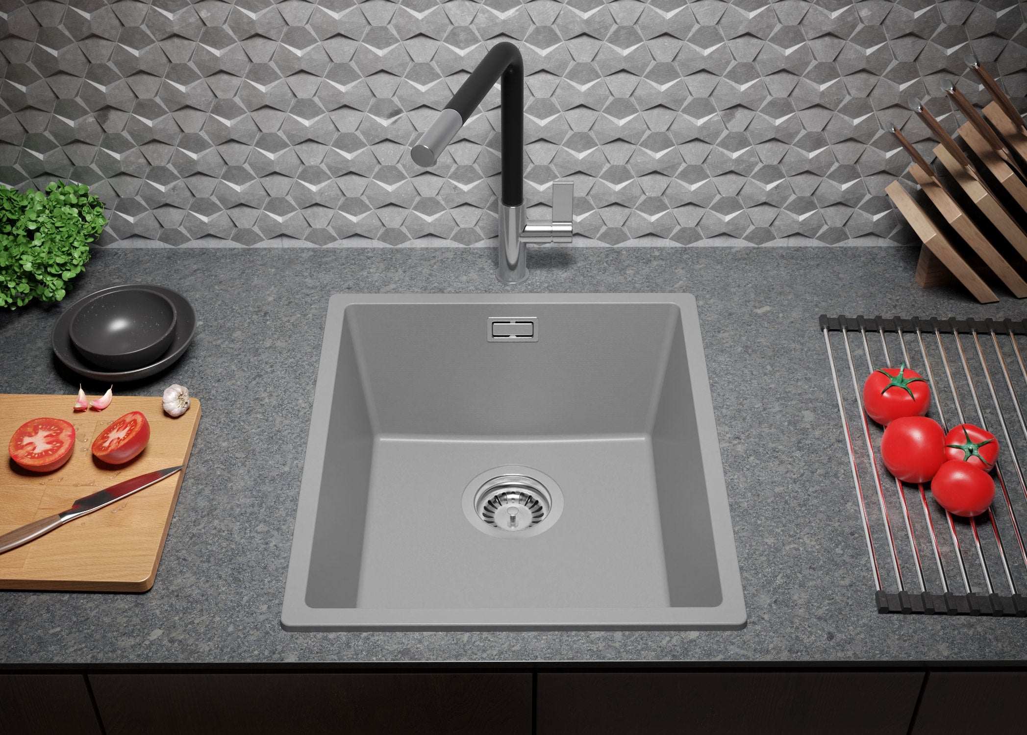 Evier Cuisine en Granit Gris 41x47cm, Lavabo 1 bac + Kit de Vidage, Évier à Encastrer au meuble 45cm - London Slim PRIMAGRAN - 3