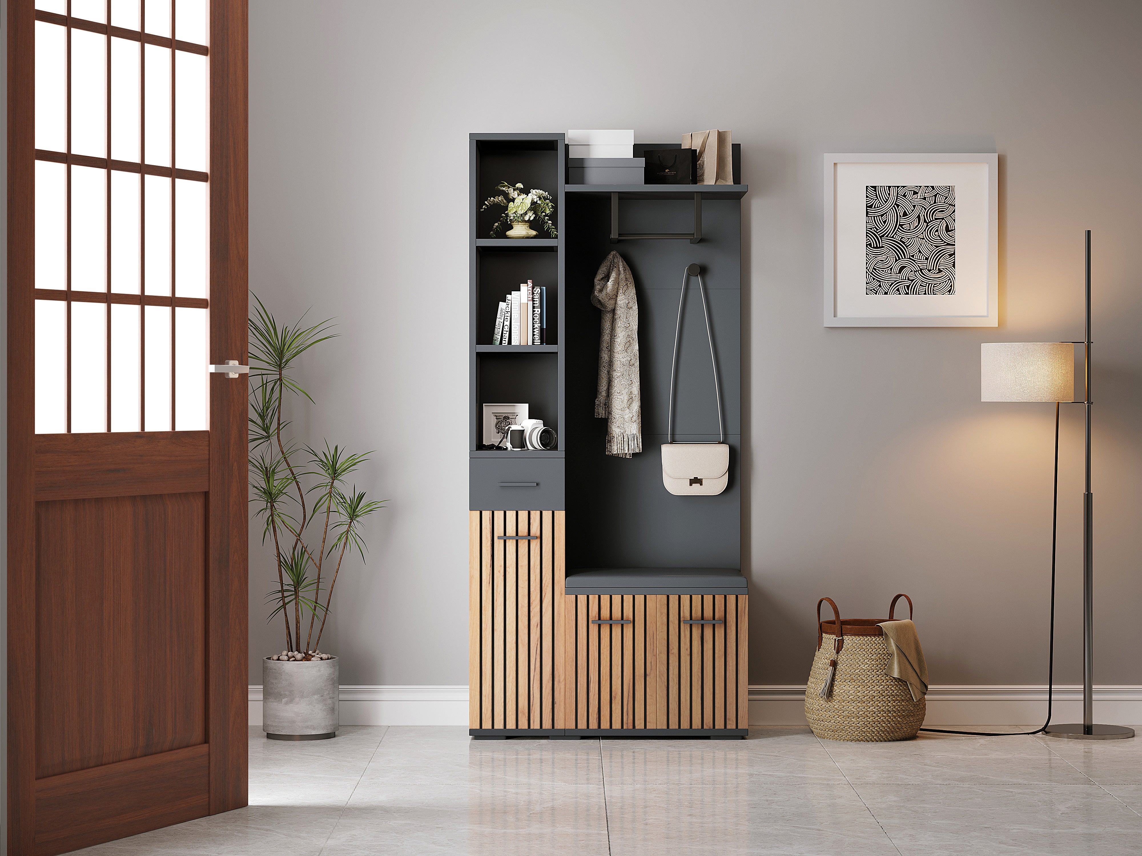Ensemble meuble à chaussures avec 3 portes, banc à chaussures et porte-manteau - 80 x 35 x 175 cm - Panneau de particules - Noir + naturel - 4