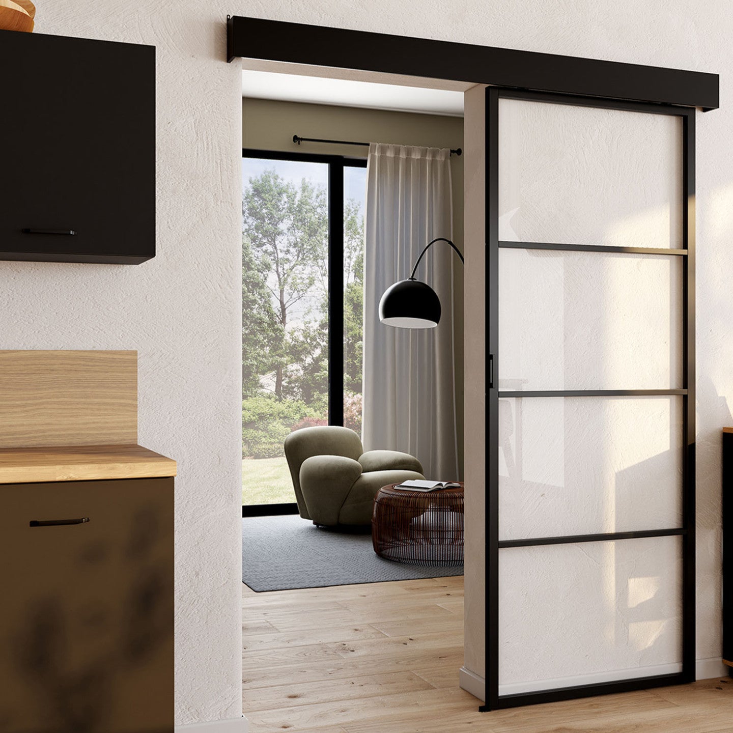 Kit porte coulissante vitrée verre trempé 83 cm en métal + MDF avec rail et fixations - 3