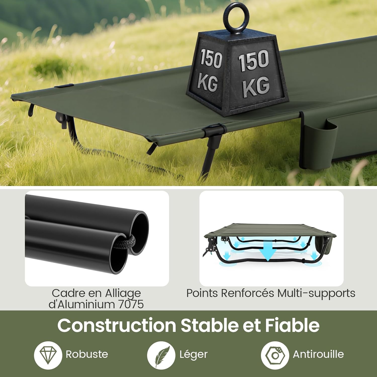 Cama de campanha dobrável para 1 pessoa, bolsa de transporte, bolso lateral, exterior para caminhadas, carga de 150 kg, 193 x 70 x 18 cm - 3