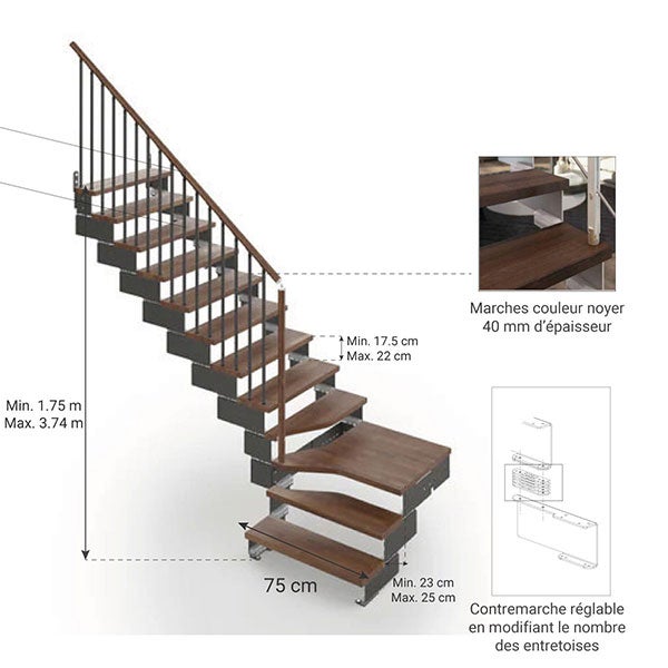 Gala - Escalier quart tournant (L Forme - 1/4 tournant) - Largeur 74 cm - 12 Marches - 2