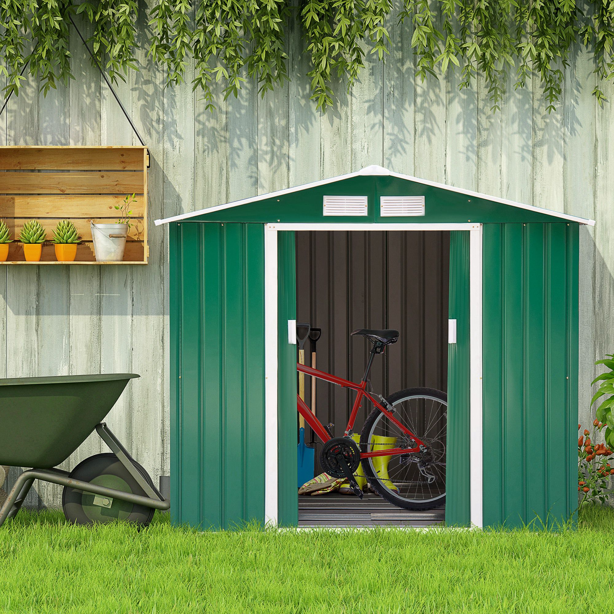 Caseta de jardín con 2 puertas correderas Outsunny verde 213x130x185cm - 2