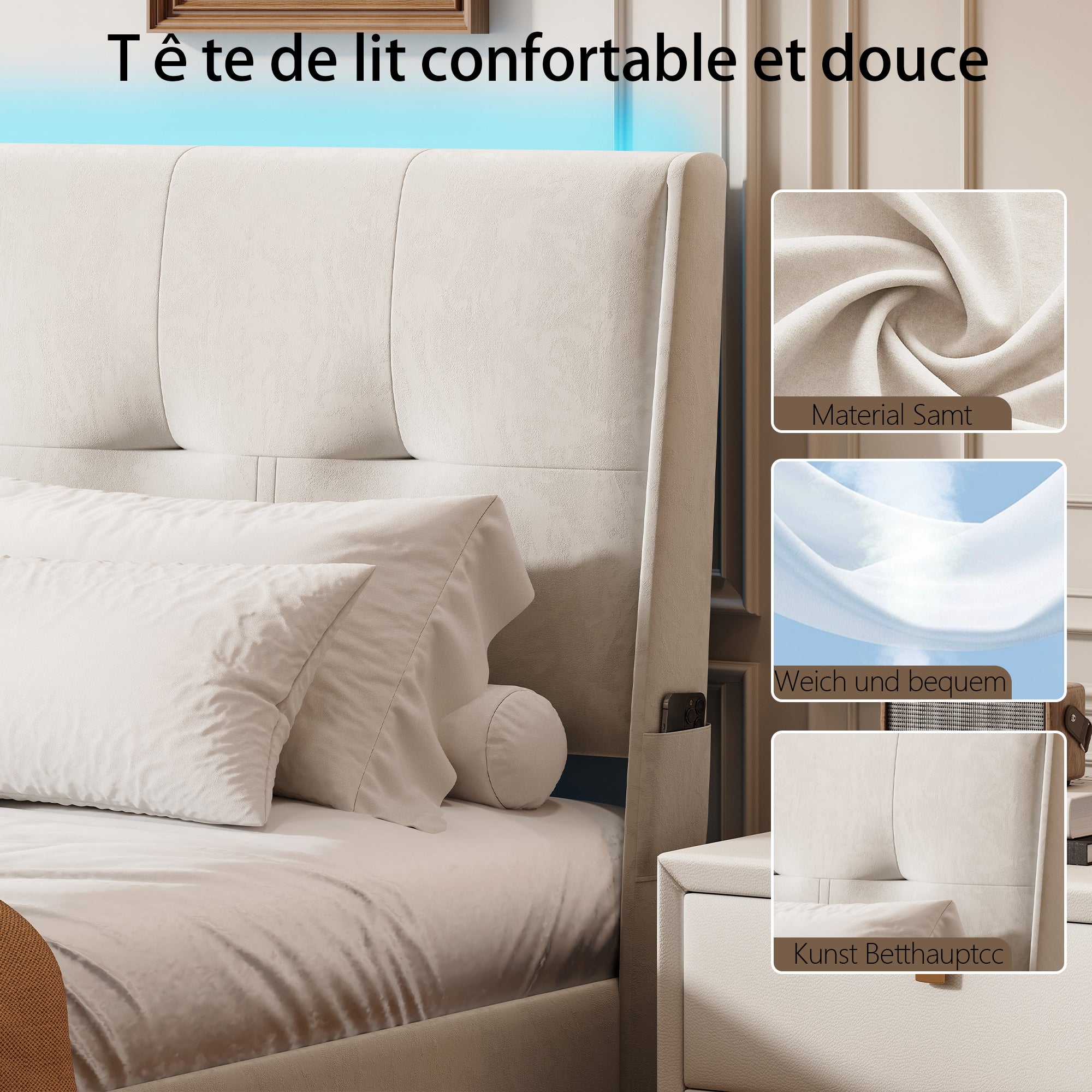 Lit Coffre 160x200 avec Rangement et LED–Cadre de Lit Hydraulique Rembourré en Velours– Lit Double avec Sommier–Adulte/Ado–Beige - 6