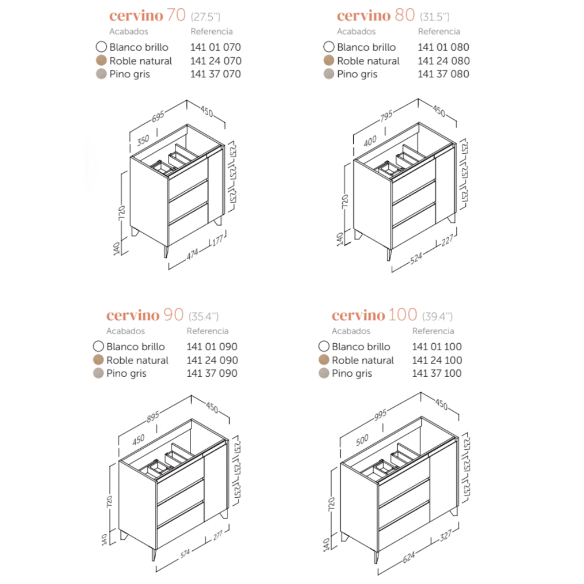 Armadio a pavimento bagno con lavandino e gambe in ceramica | 80cm | 3 cassetti 1 porta con chiusura imbottita e organizzatore | Bianco lucido - 4