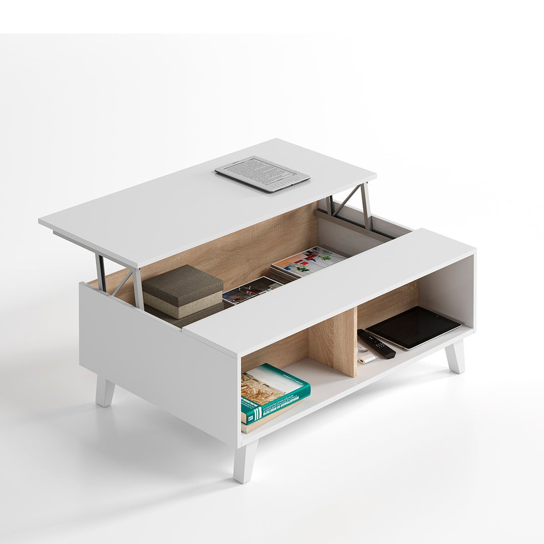 ZAIKEN PLUS Table basse scandinave blanc brillant et decor chene - L 100 cm - 3