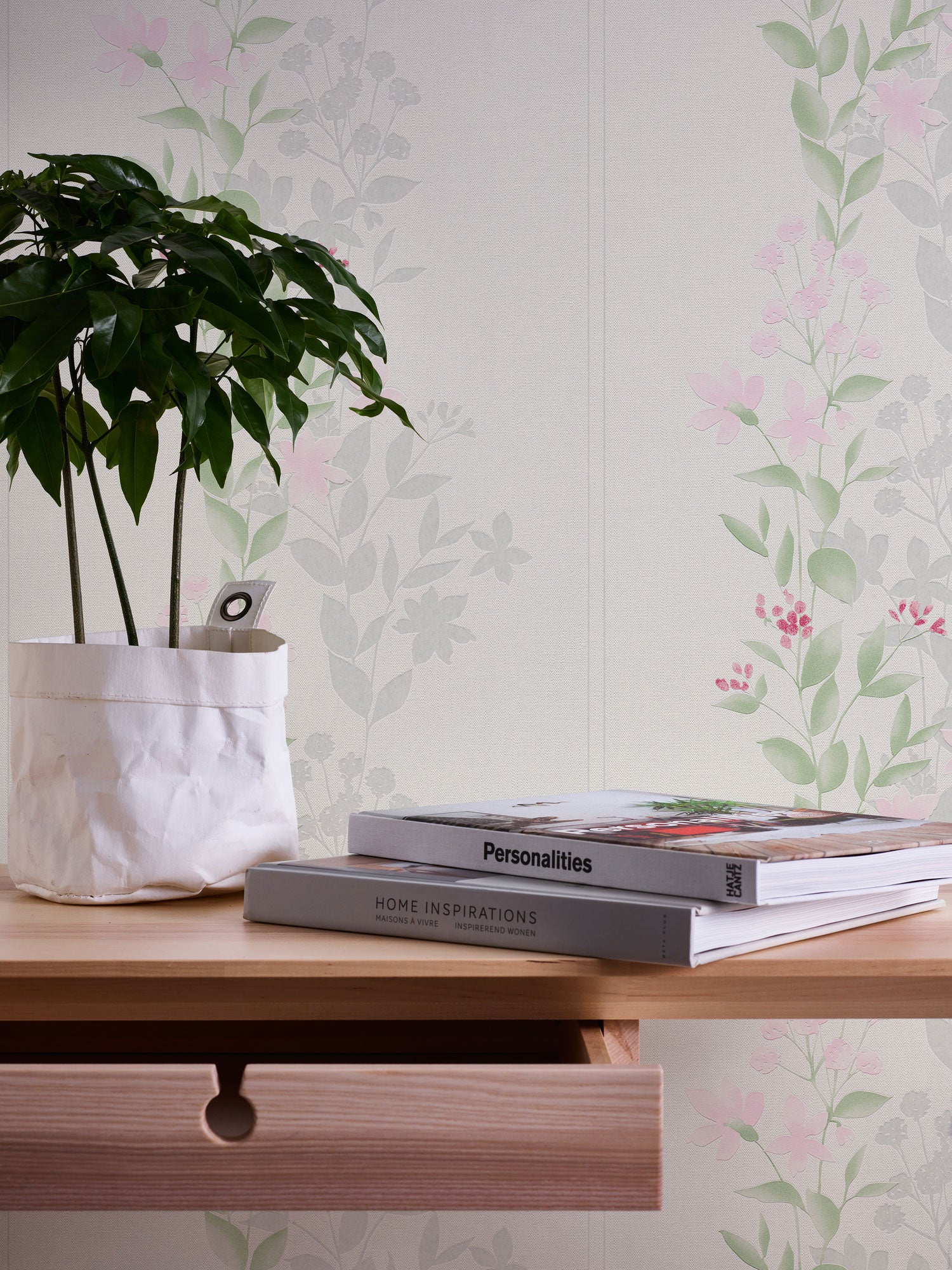 Papel pintado verde, rosa, rojo y gris Papel pintado flores y hojas para interior elegante Papel pintado vinílico con estampado floral - 5