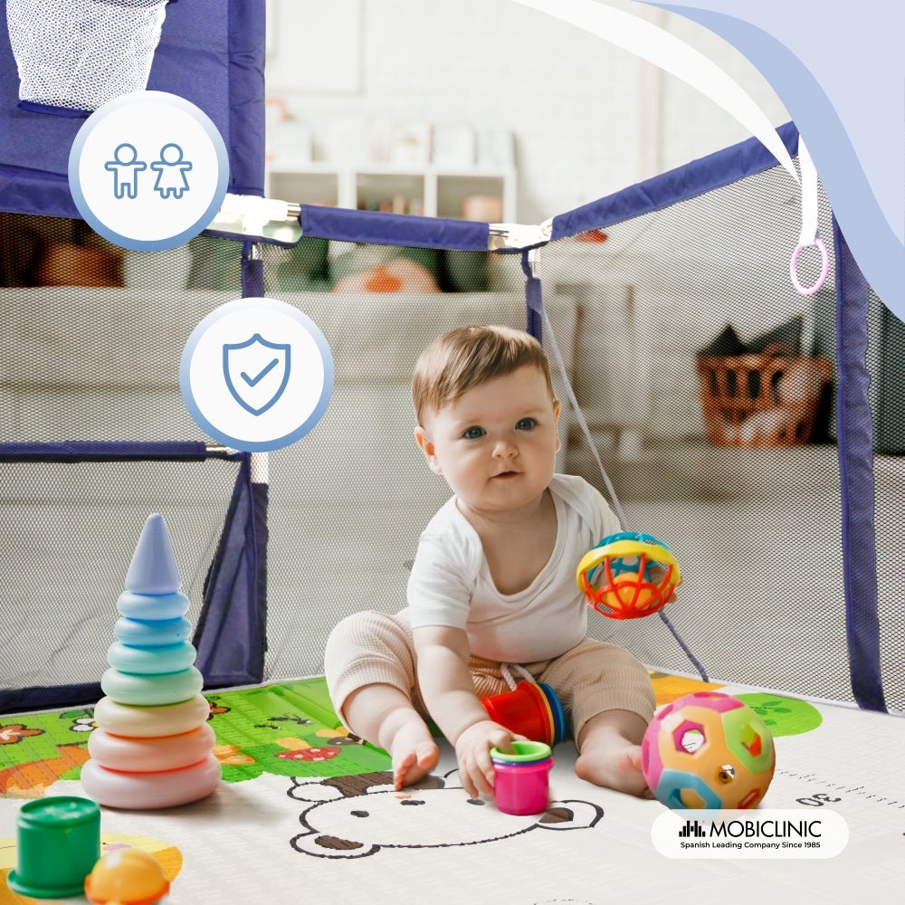 Parque infantil com tapete Mobiclinic Cercadinho bebé Tapete 128 x 233 cm Aros Cesto e rede de futebol Saco de transporte Kidland Azul - 5