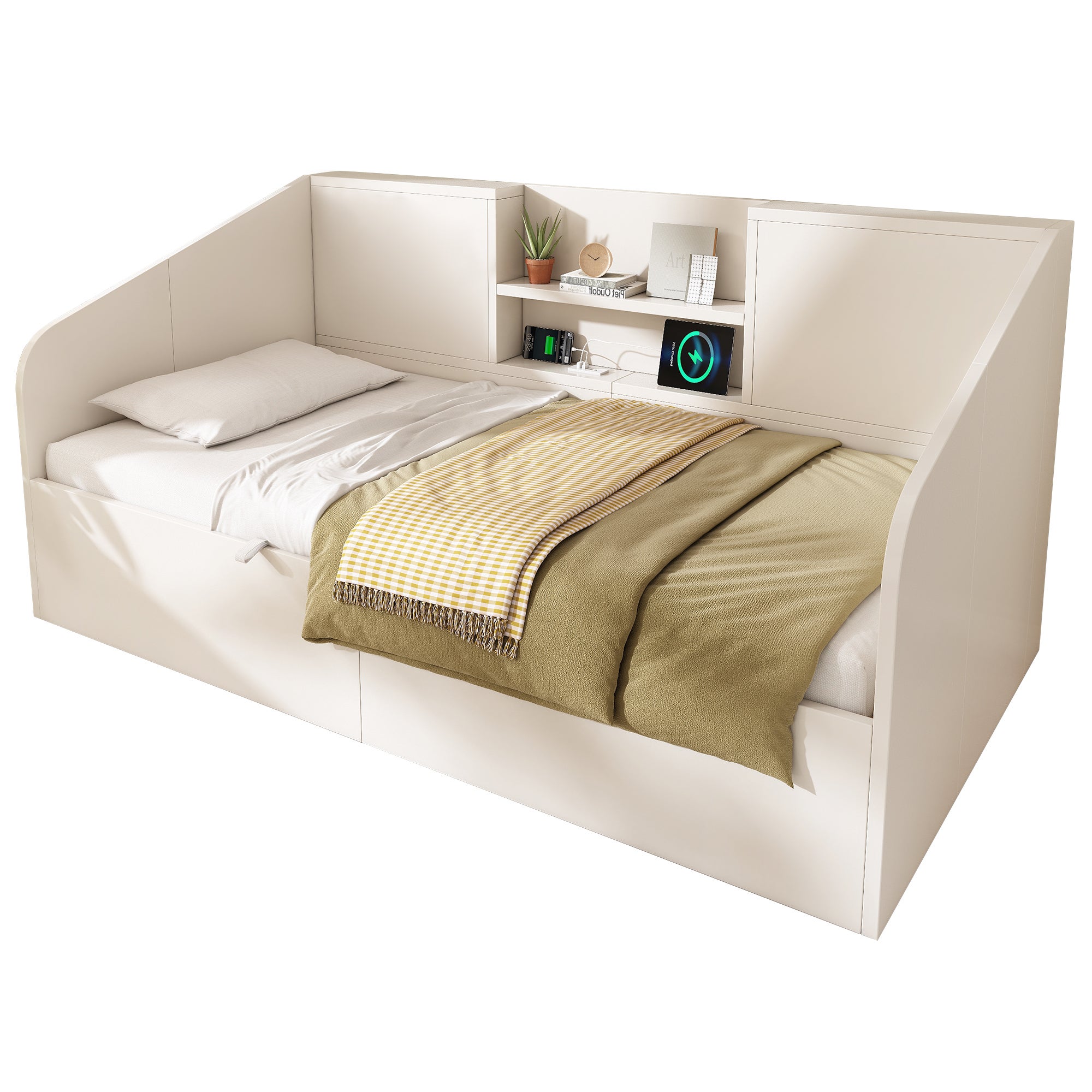 Łóżko z pojemnikiem 90 x 190 cm i 2 półkami – sosna + płyta wiórowa – porty ładowania USB/typu C – białe (materac nie jest dołączony) - 6